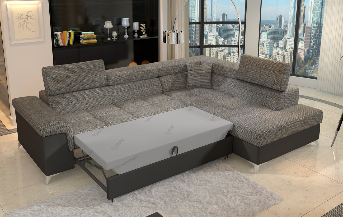 Stylowy narożnik Eridano prawy w tkaninach Berlin 01 i Soft 11 w kolorystyce szaro-czarnej, z miękkim siedziskiem i nowoczesnym designem, idealny do codziennego relaksu w salonie dla całej rodziny.