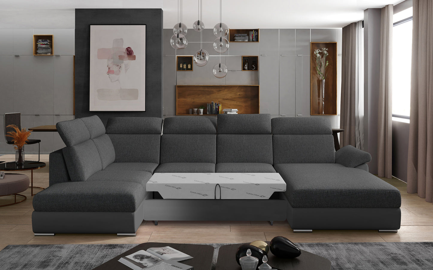 Duży narożnik do salonu Evanell w kolorze ciemnoszarym z tapicerką Inari 96 i Soft 29 wyróżnia się eleganckim wyglądem, ergonomicznym oparciem oraz wysokim komfortem użytkowania, dzięki czemu świetnie sprawdzi się w nowoczesnych wnętrzach