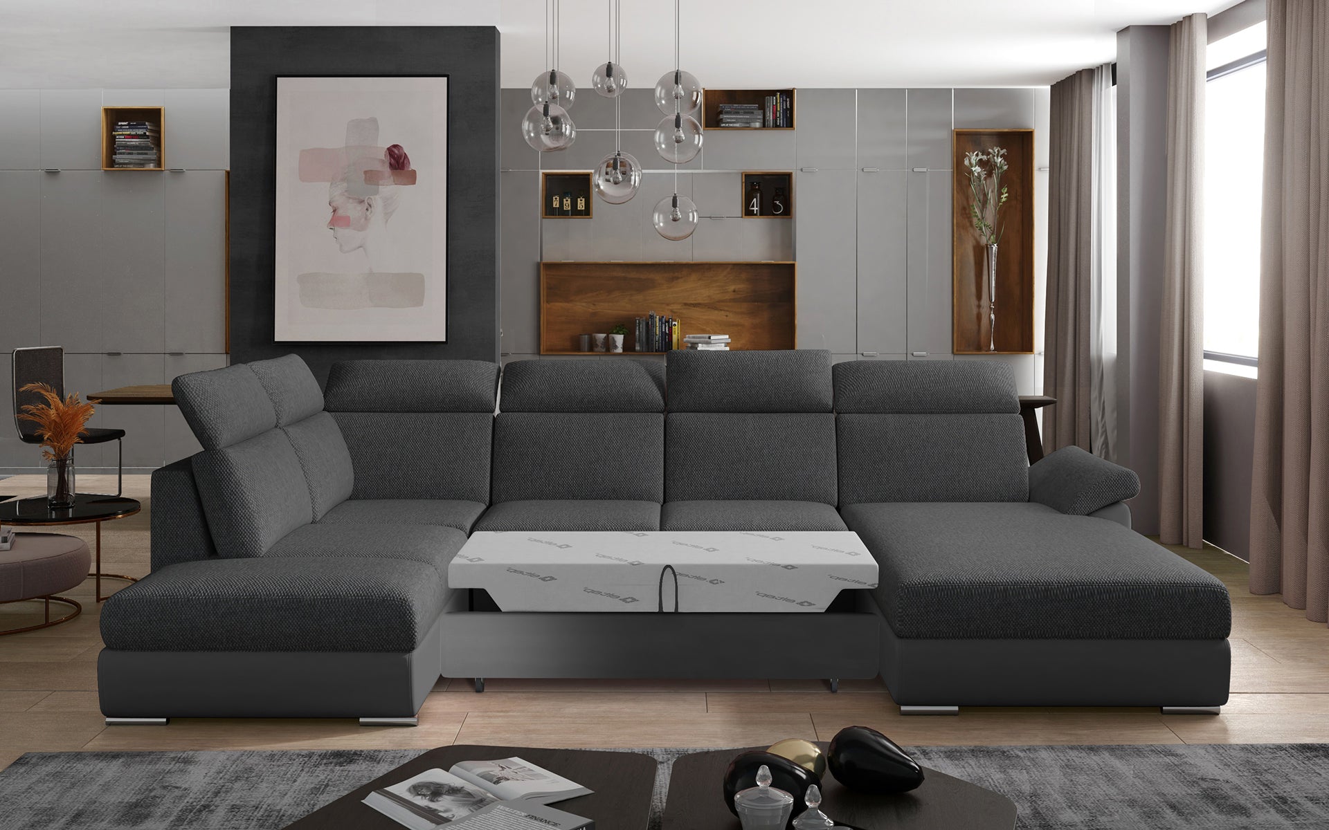 Duży narożnik do salonu Evanell w kolorze ciemnoszarym z tapicerką Inari 96 i Soft 29 wyróżnia się eleganckim wyglądem, ergonomicznym oparciem oraz wysokim komfortem użytkowania, dzięki czemu świetnie sprawdzi się w nowoczesnych wnętrzach