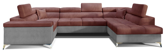 Nowoczesny narożnik Thiago w kolorze pudrowego różu z szarymi elementami oraz eleganckimi metalowymi nóżkami doskonale sprawdzi się w salonie urządzonym w stylu glamour, minimalistycznym lub nowoczesnym. Stylowy narożnik do modnych wnętrz łączy wygodę z funkcjonalnością.