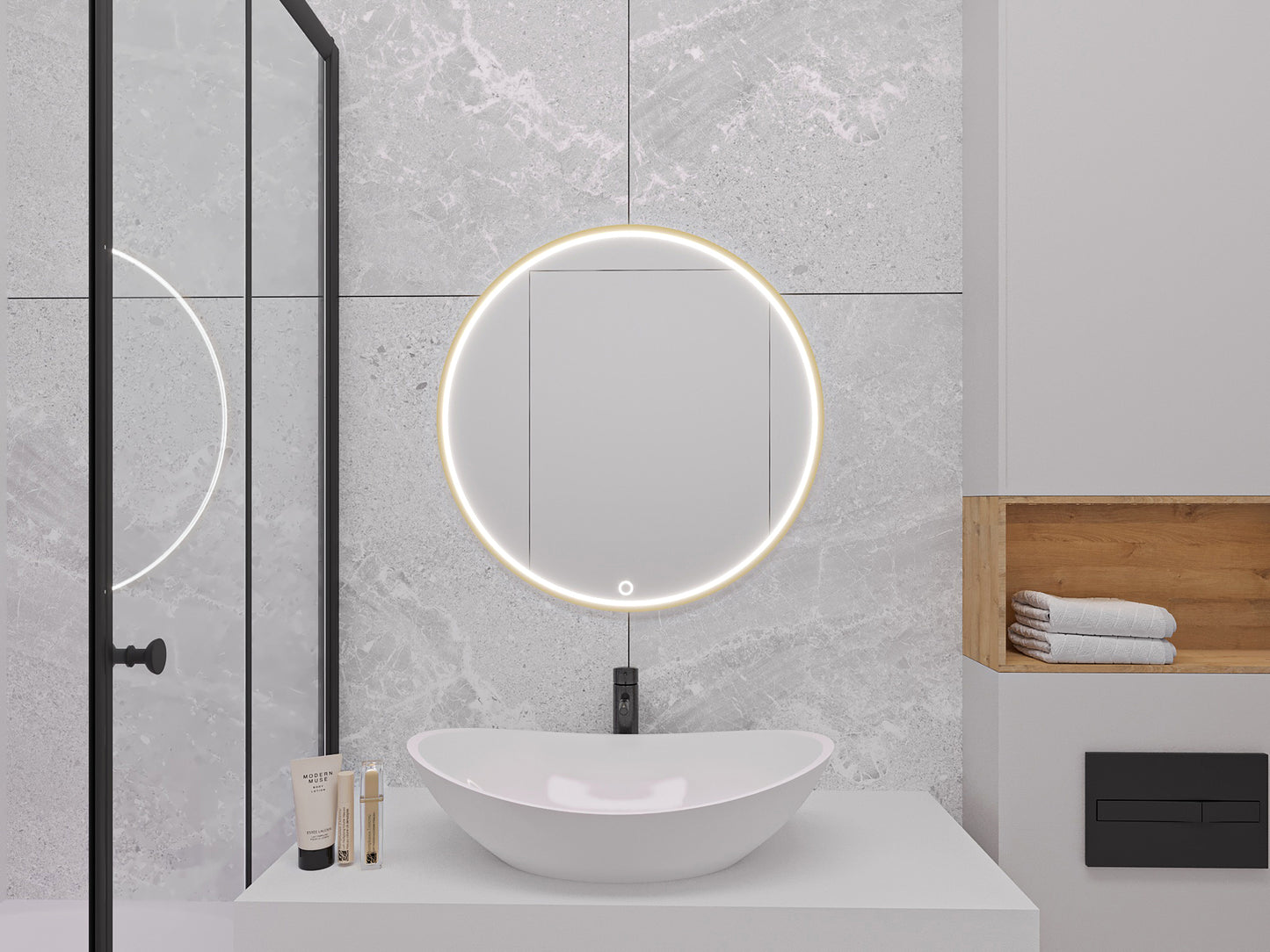 Lustro Gerbinie w okrągłej formie z elegancką złotą ramką oraz zintegrowanym oświetleniem LED. Minimalistyczny design i subtelne podświetlenie sprawiają, że lustro stanowi funkcjonalny oraz dekoracyjny element nowoczesnego wnętrza.