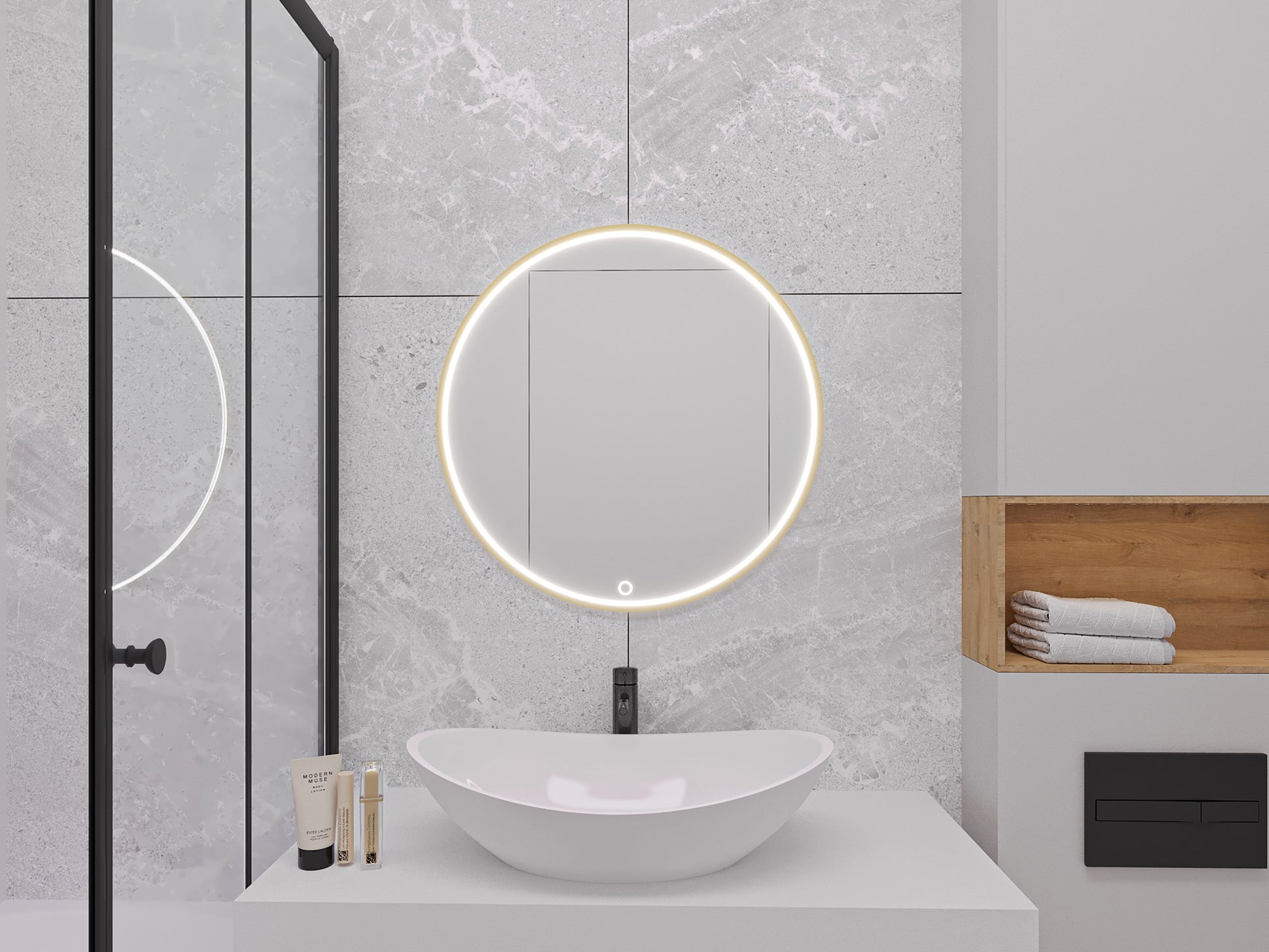 Lustro Gerbinie w okrągłej formie z elegancką złotą ramką oraz zintegrowanym oświetleniem LED. Minimalistyczny design i subtelne podświetlenie sprawiają, że lustro stanowi funkcjonalny oraz dekoracyjny element nowoczesnego wnętrza.
