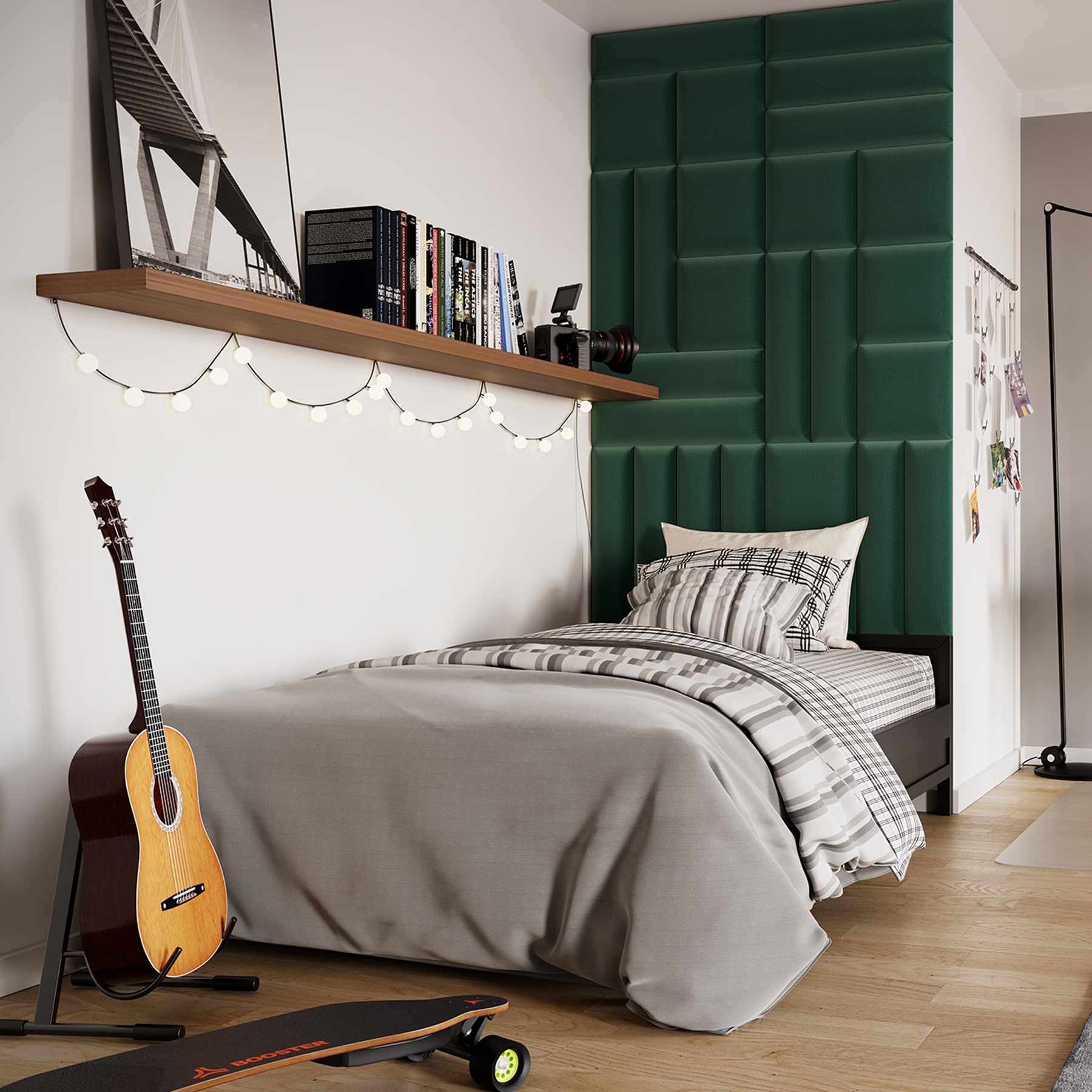 Nowoczesna aranżacja sypialni z tapicerowanymi panelami Quadratta Monolith 37 w zielonym kolorze za wezgłowiem łóżka, uzupełniona drewnianą półką na książki, girlandą świetlną i gitarą opartą o szafkę.