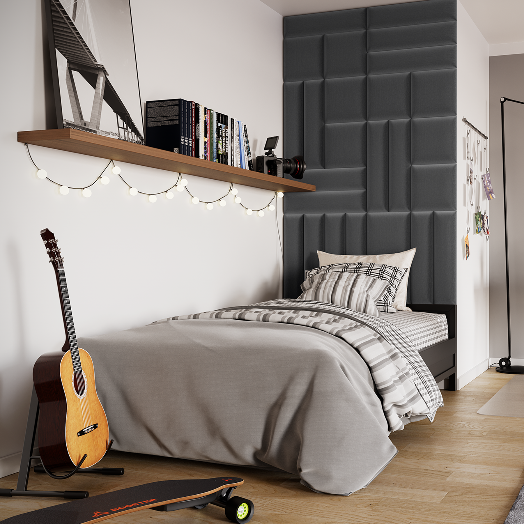 Nowoczesna aranżacja sypialni z wezgłowiem z tapicerowanych paneli Quadratta Monolith 97 w ciemnoszarym kolorze, uzupełniona drewnianą półką na książki, girlandą świetlną, gitarą i hulajnogą obok łóżka.