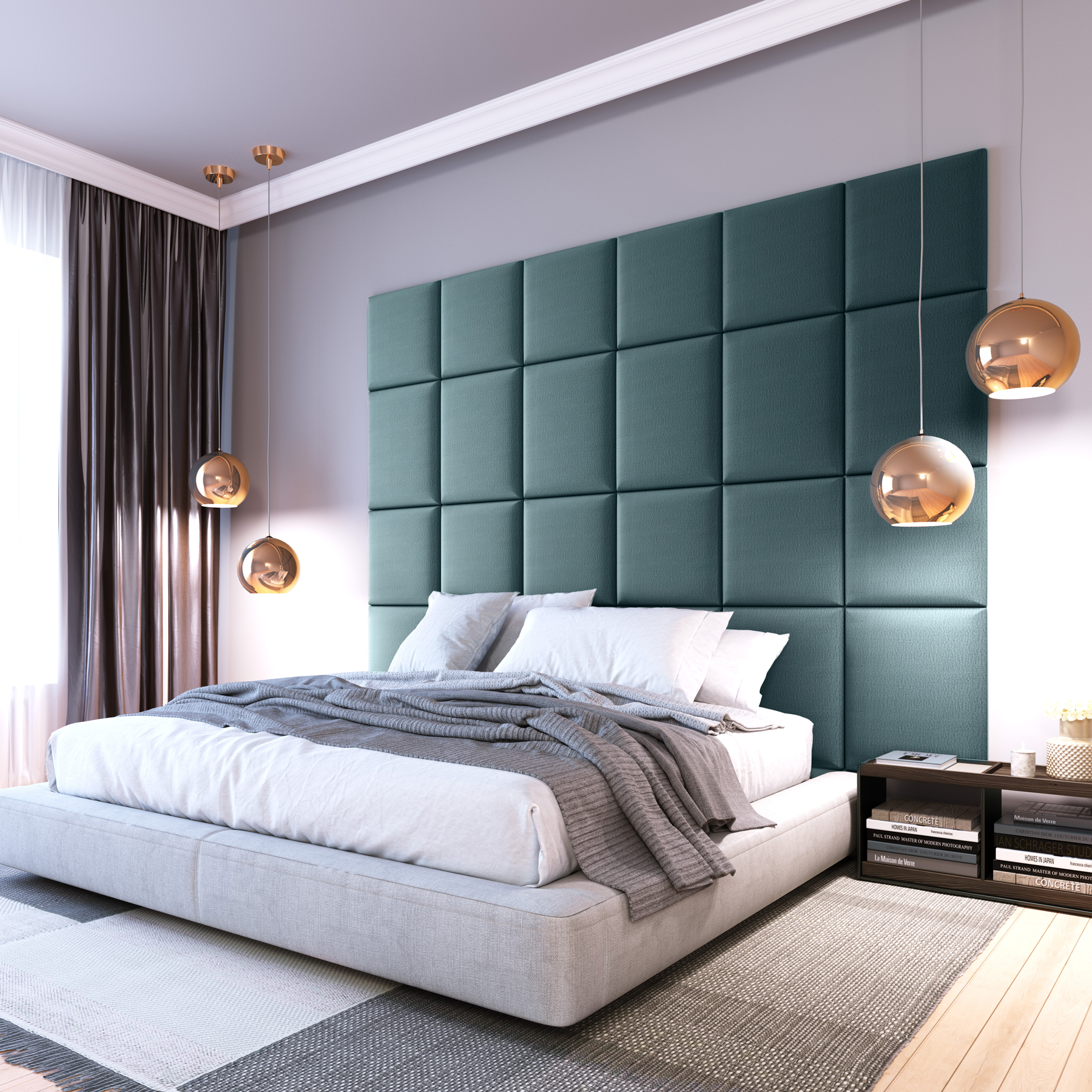 Nowoczesna sypialnia z zagłówkiem z paneli Quadratta I Monolith 07 w jasnoniebieskim kolorze, uzupełniona wiszącymi lampami i szarą pościelą.