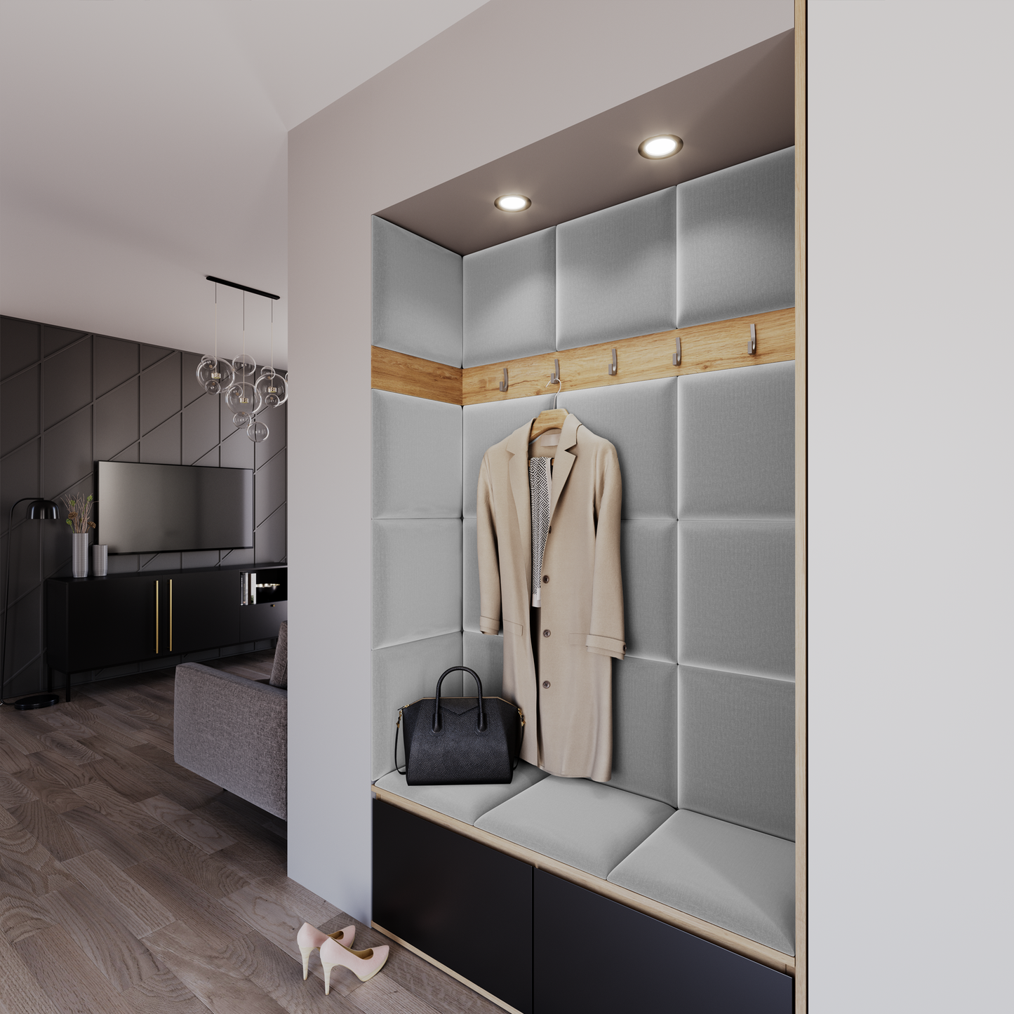 Wejście do przedpokoju wyłożone panelami Quadratta I Monolith 84 w jasnoszarym odcieniu, z wbudowaną ławką i drewnianym panelem z wieszakami, oświetlone punktowo z góry.