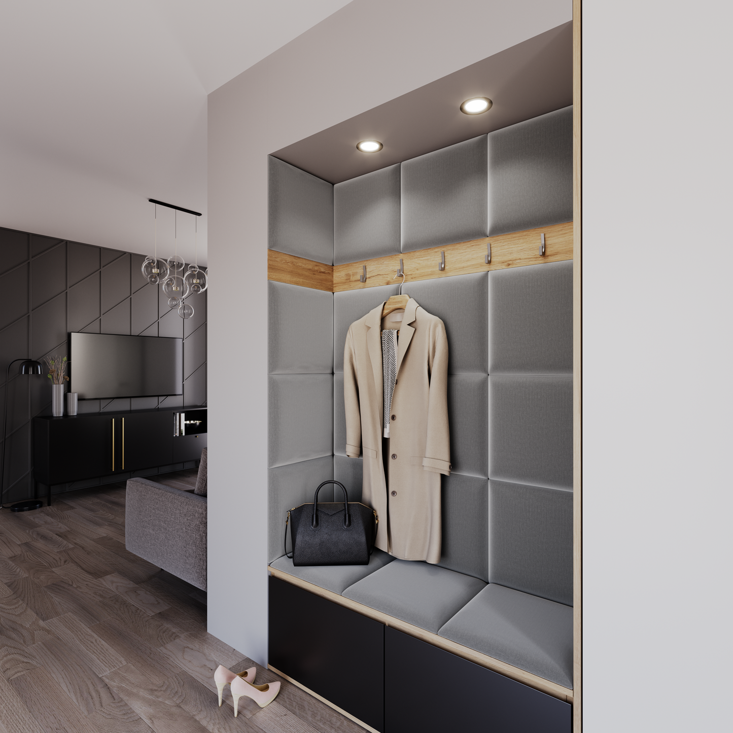 Przedpokój z wnęką wyłożoną panelami Quadratta I Monolith 85 w szarym kolorze, z drewnianą listwą z haczykami, podświetlaną górą, beżowym płaszczem i torebką na siedzisku.