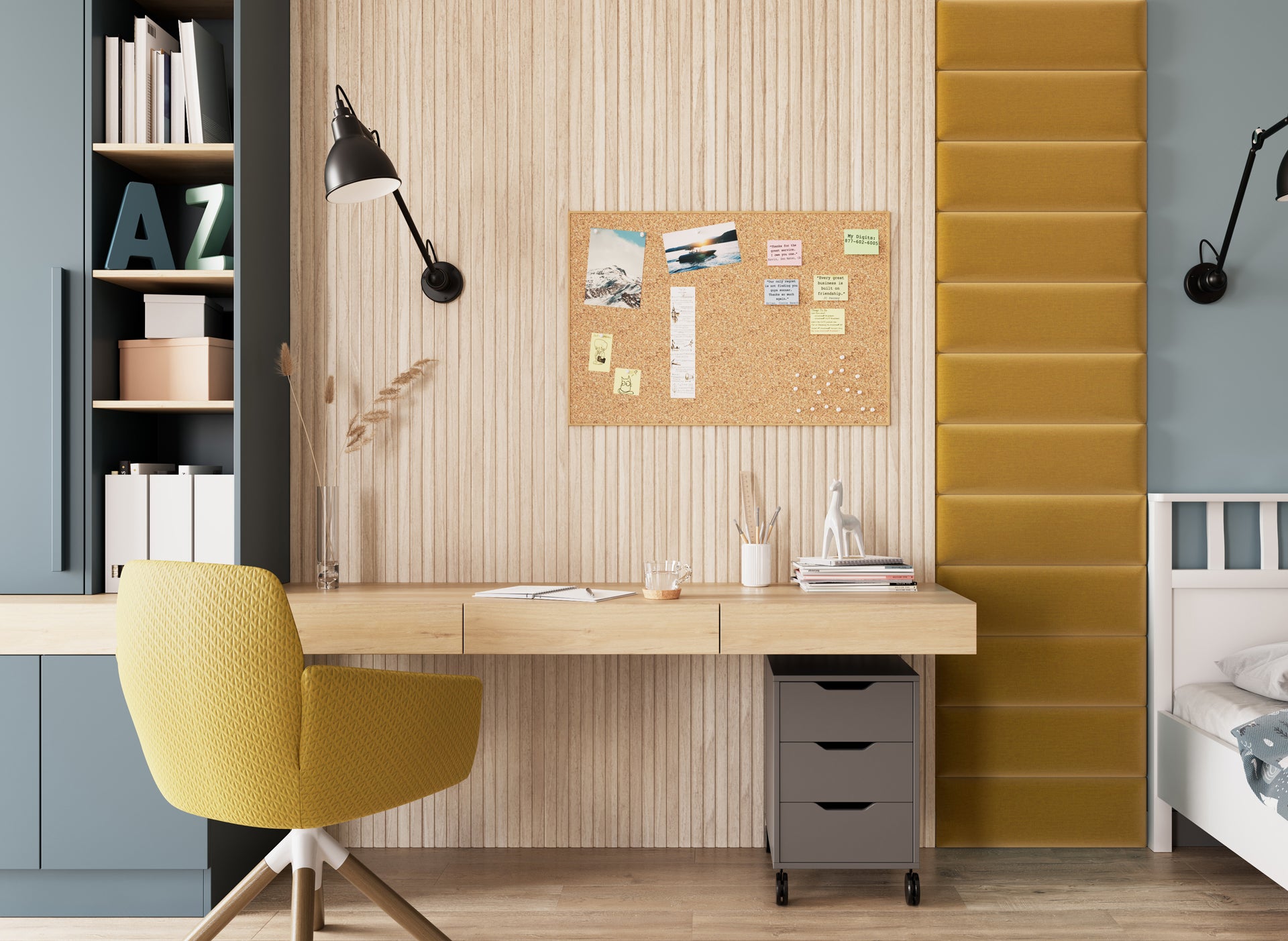 Nowoczesne biuro domowe z drewnianym biurkiem, żółtym fotelem i korkową tablicą; po prawej ścianie pionowo zamontowany panel Quadratta II Monolith 48 w żywym żółtym kolorze.