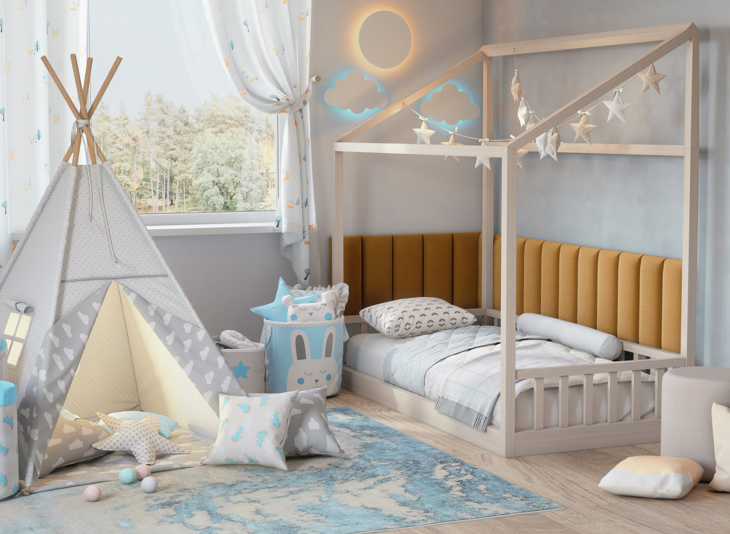 Przytulny pokój dziecięcy z drewnianym łóżkiem w kształcie domku, tipi i pastelowymi dodatkami; za łóżkiem poziomo ułożony panel Quadratta II Monolith 48 w żółtym odcieniu.