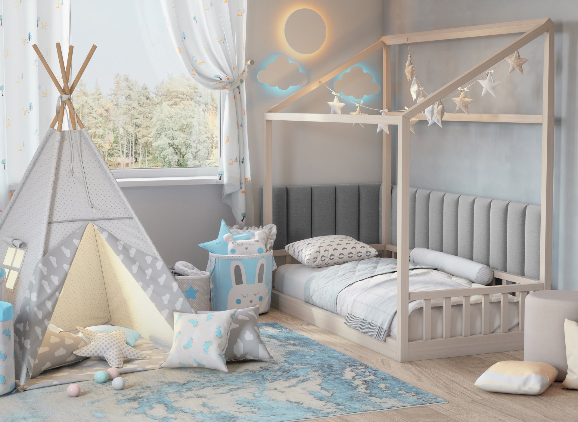 Dziecięcy pokój z łóżkiem w kształcie domku i tipi na miękkim dywanie; za łóżkiem pionowo zamontowany panel Quadratta II Monolith 84 w jasnoszarym kolorze, udekorowany zawieszkami w kształcie gwiazd.