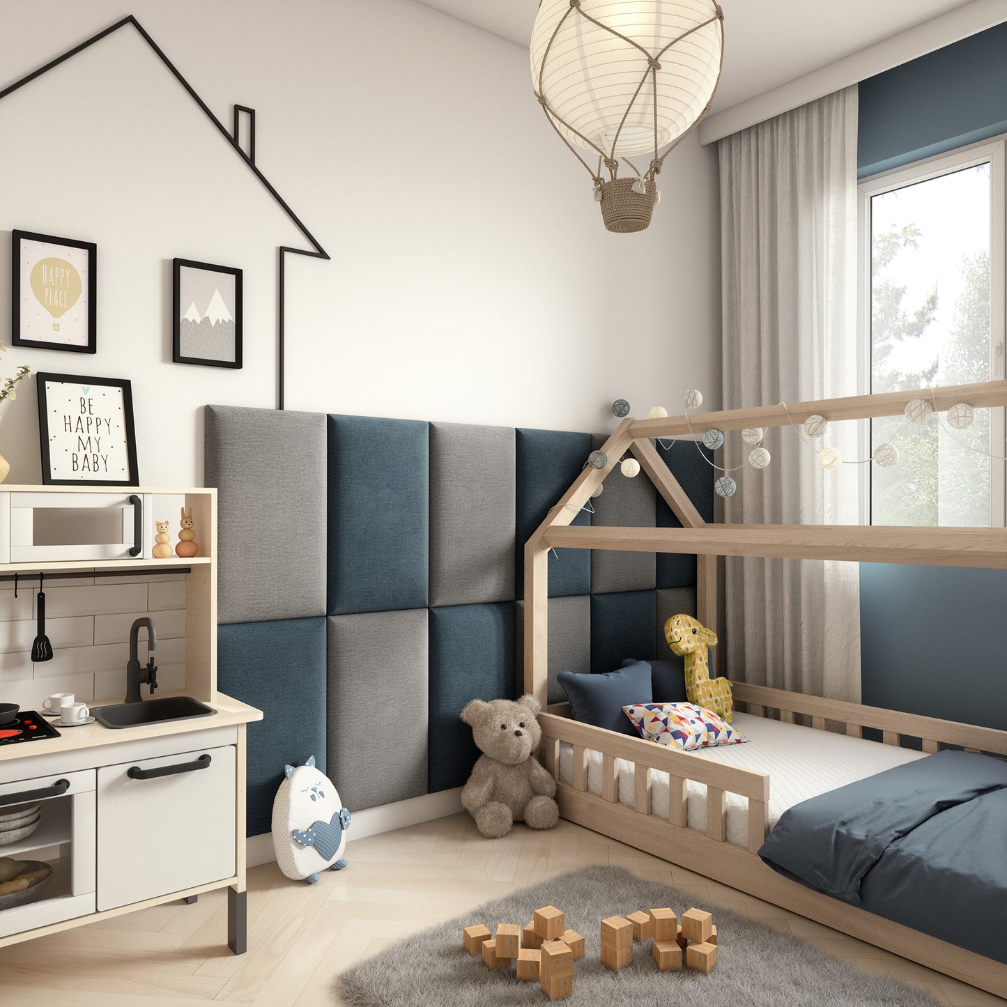 Przytulny pokój dziecięcy z drewnianym łóżkiem w kształcie domku, tipi i dekoracyjnymi lampkami; za łóżkiem pionowo zamontowany panel Quadratta III Monolith 76 w jasnoniebieskim kolorze.