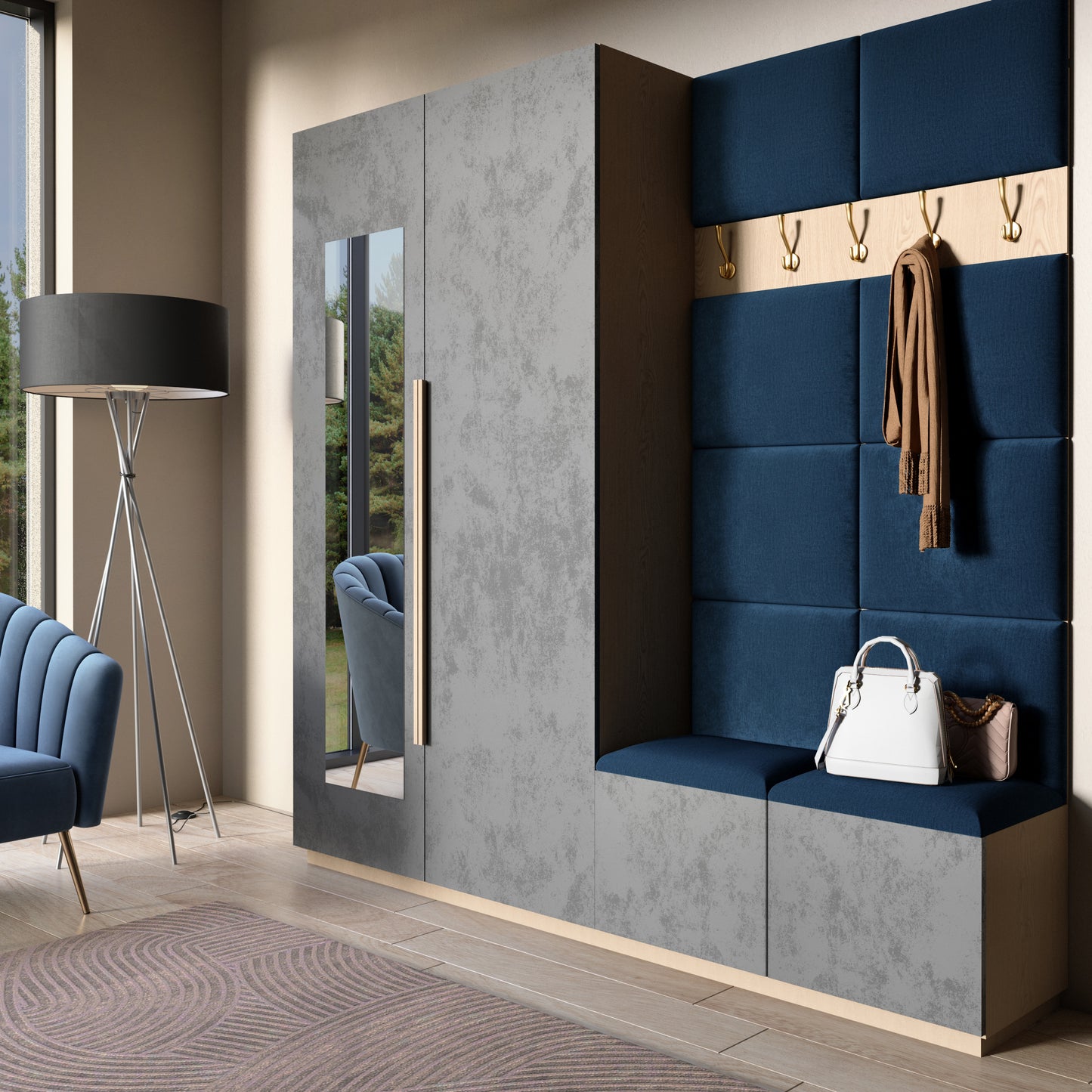 Stylowy przedpokój z zabudowaną wnęką i siedziskiem; ściana wyłożona panelami Quadratta IV Monolith 77 w niebieskim kolorze, z drewnianą listwą z haczykami i wiszącą lampą obok szafy z lustrzanymi drzwiami.