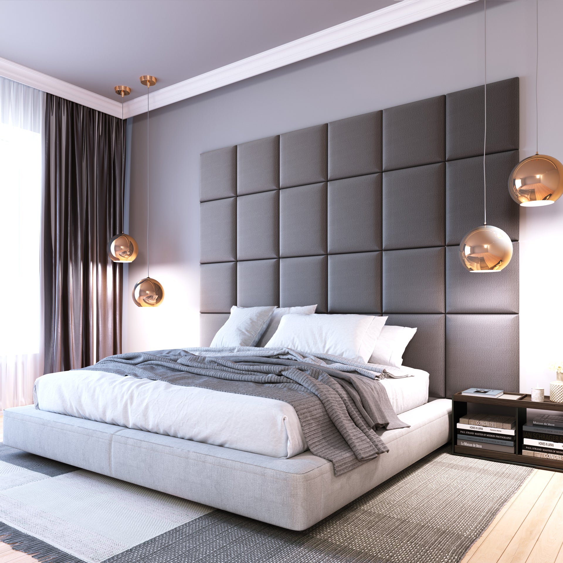 Nowoczesna sypialnia z dużym zagłówkiem z prostokątnych paneli Quadratta IV Monolith 85 w szarym kolorze za niskim łóżkiem, udekorowana wiszącymi kulistymi lampami i szarą pościelą.