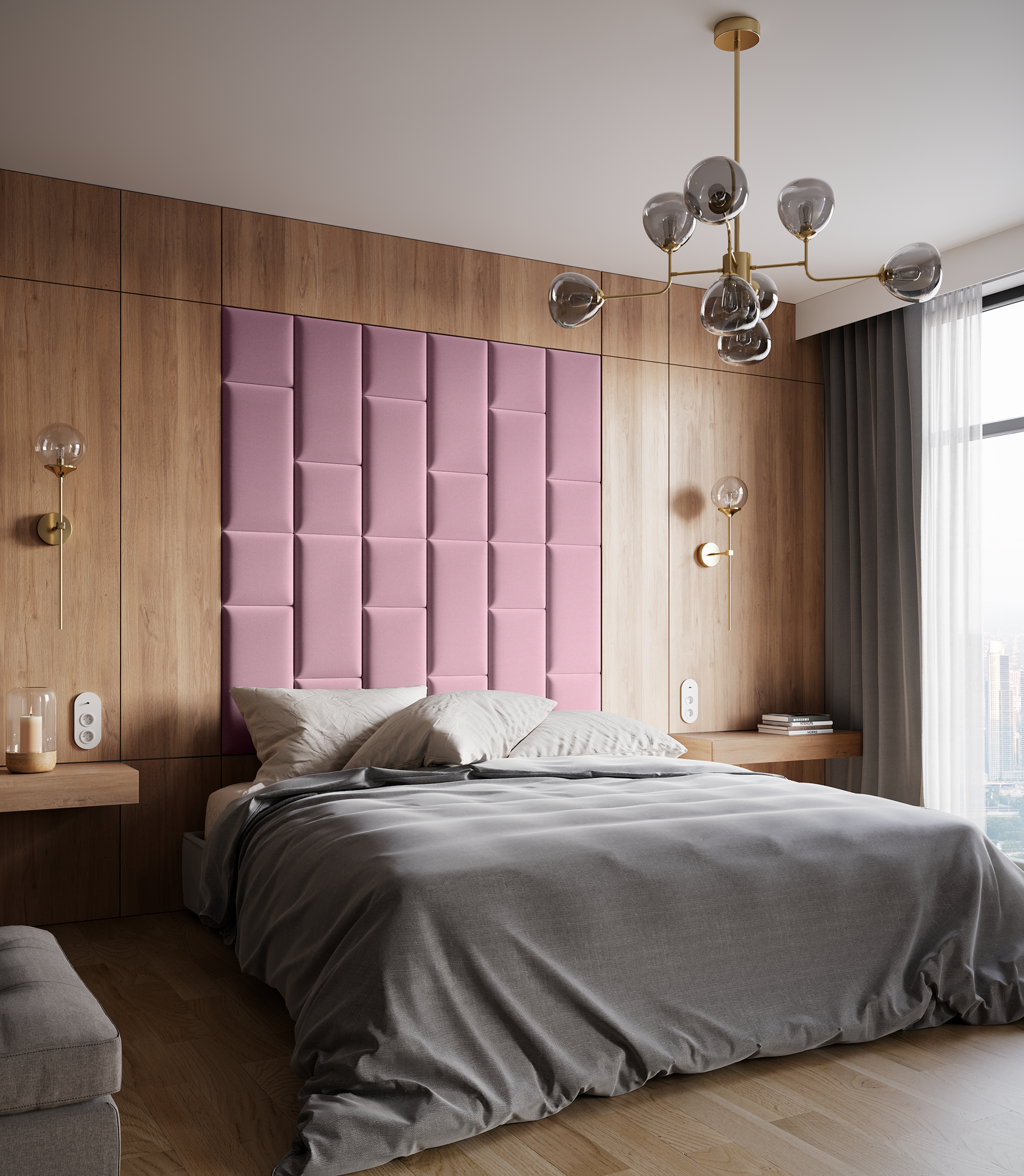 Przytulna sypialnia z drewnianym łóżkiem w kształcie domku, pastelowymi dodatkami i girlandą świetlną; za łóżkiem pionowo zamontowane panele Quadratta V Monolith 63 w różowym kolorze tworzą wysoki, dekoracyjny zagłówek.