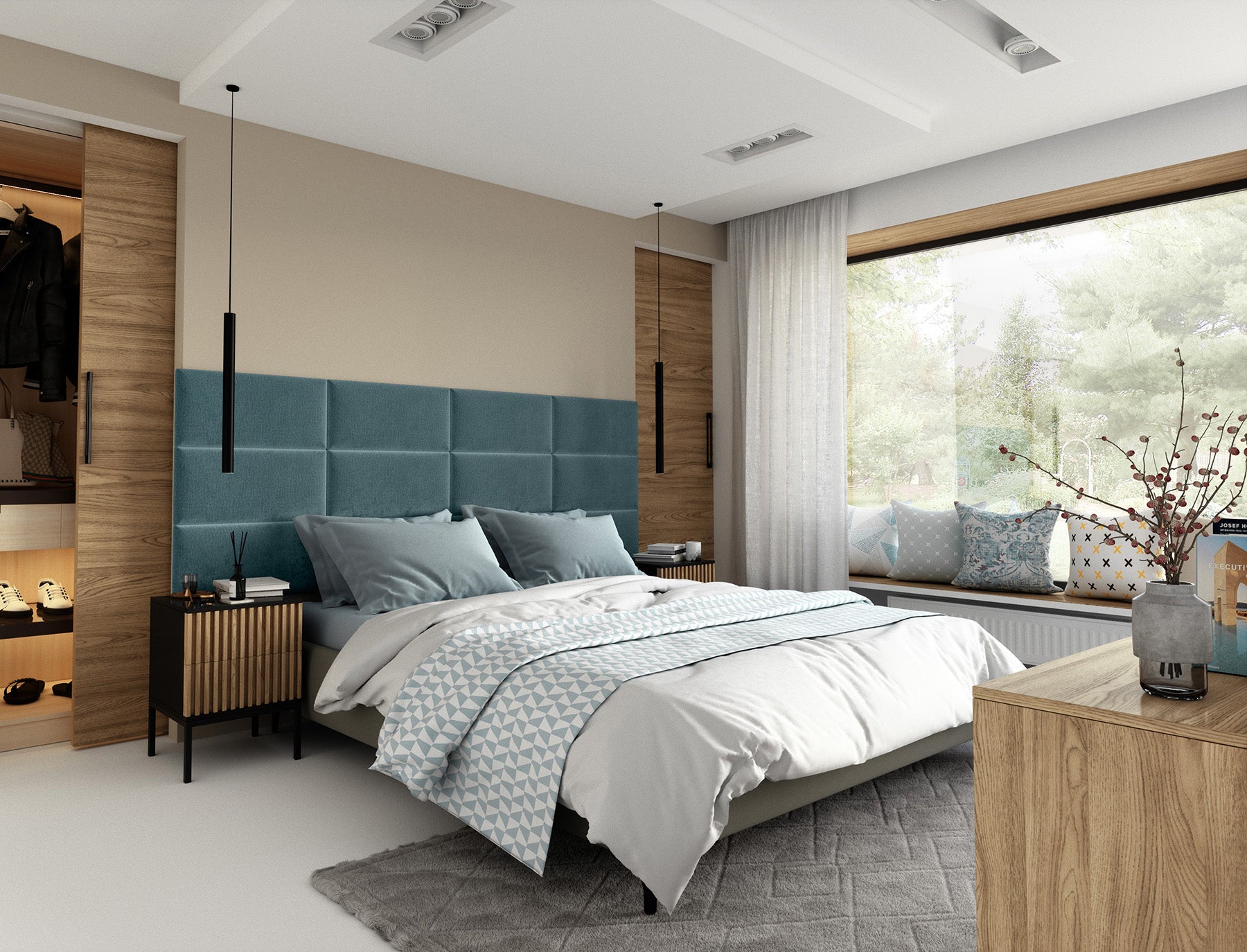 Elegancka sypialnia z drewnianą ścianą i wysokim zagłówkiem z pionowo zamontowanych paneli Quadratta V Monolith 37 w zielonym kolorze za łóżkiem, uzupełniona wiszącym żyrandolem i szarą pościelą.