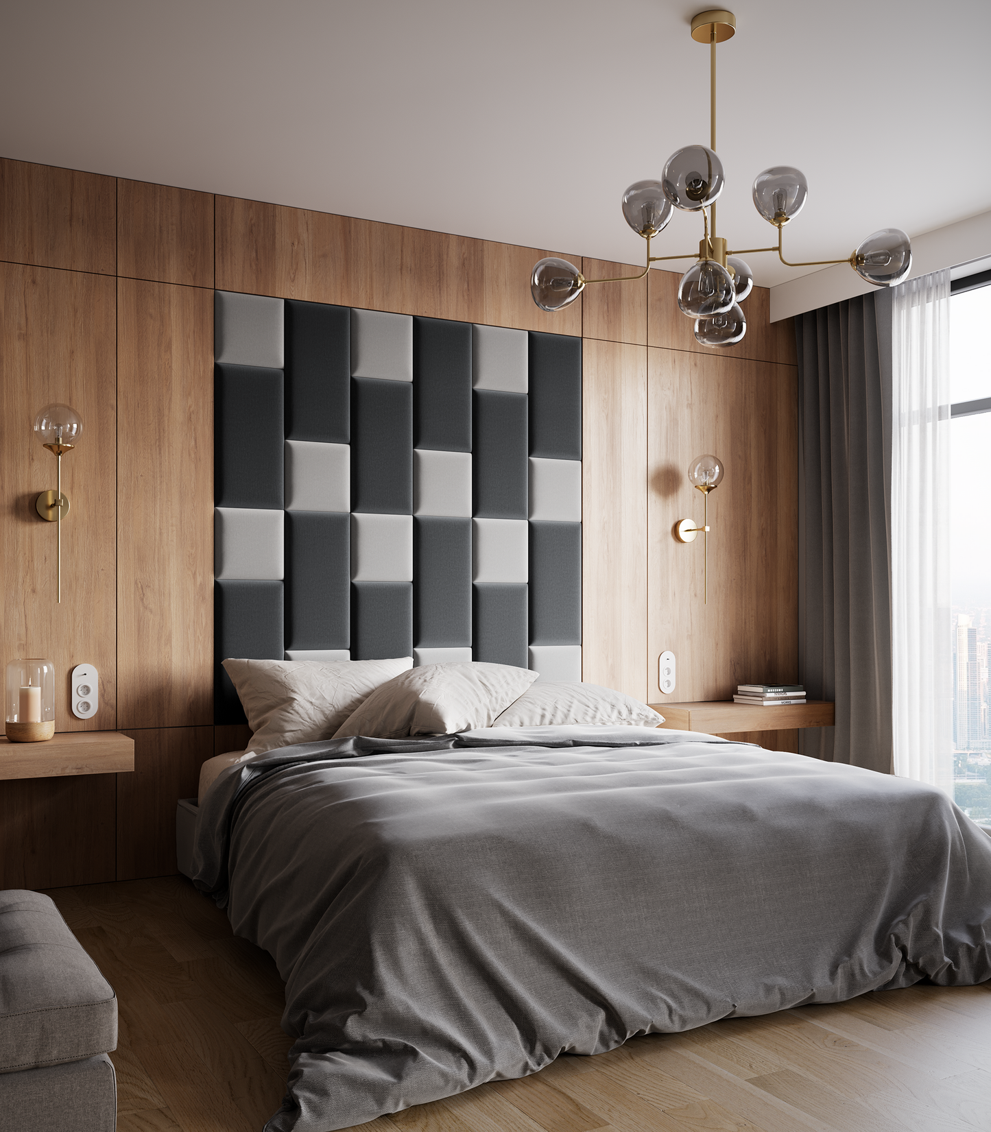 Nowoczesna sypialnia z niskim łóżkiem i zagłówkiem z paneli Quadratta V Monolith 84 w jasnoszarym kolorze zamontowanych na drewnianej ścianie za wezgłowiem, dopełniona minimalistycznymi lampami i szarą pościelą.