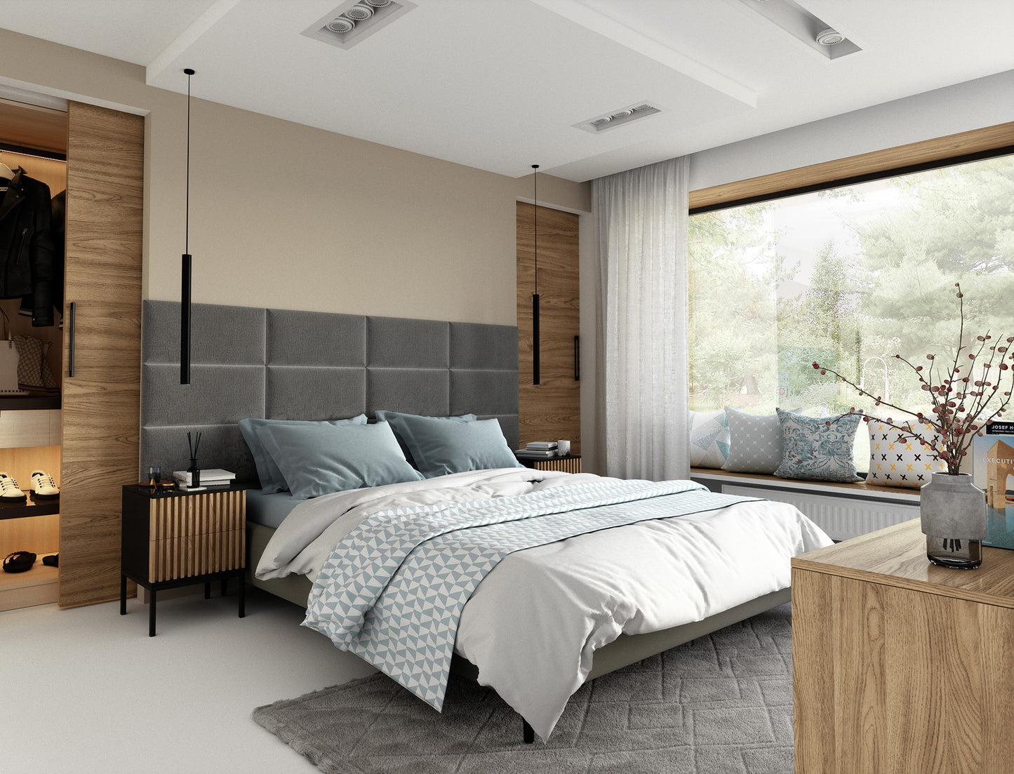 Elegancka sypialnia z dużym zagłówkiem z paneli Quadratta V Monolith 85 w kolorze szarym, zamontowanymi nad łóżkiem na tle drewnianej ściany, uzupełniona złotymi lampami wiszącymi i przytulną pościelą.