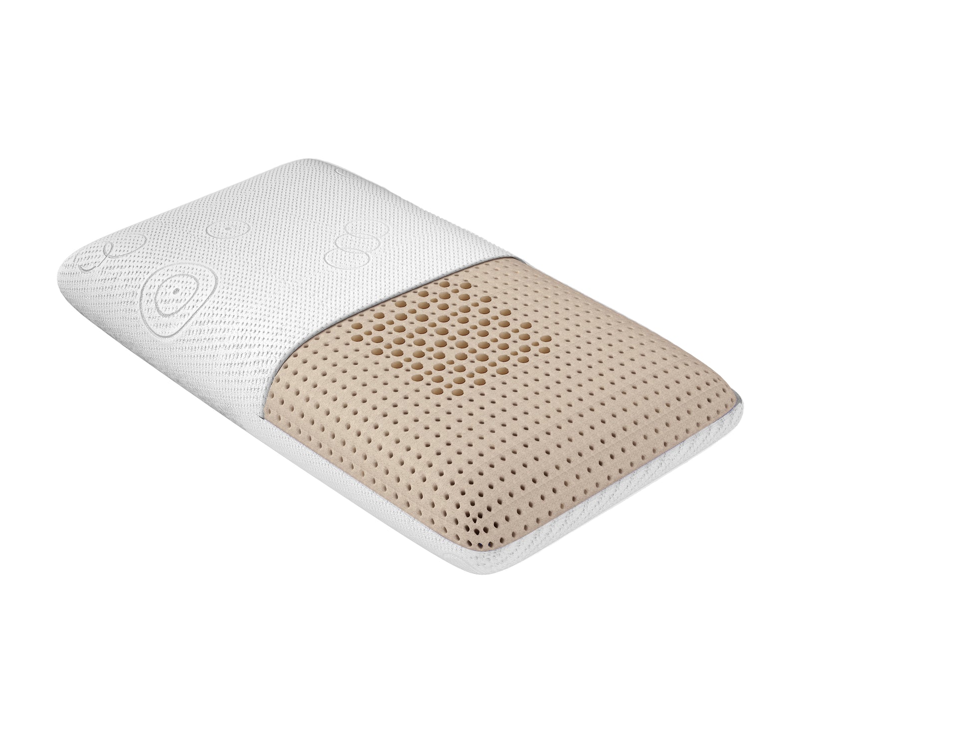 Poduszka ergonomiczna lateksowa z widoczną perforowaną strukturą wnętrza i częściowo zdjętym białym pokrowcem.