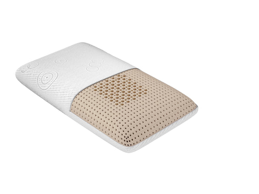Poduszka ergonomiczna lateksowa z widoczną perforowaną strukturą wnętrza i częściowo zdjętym białym pokrowcem.
