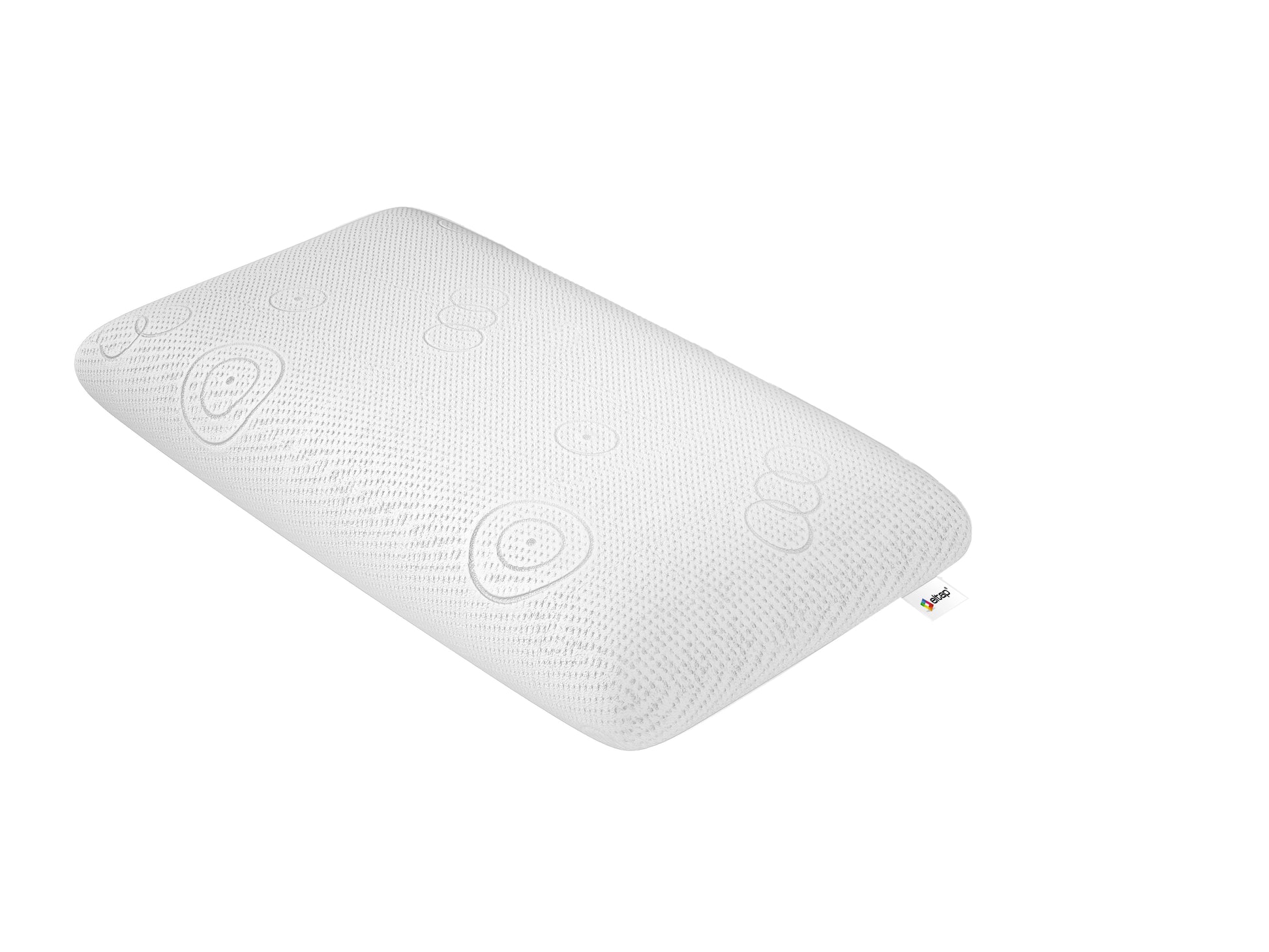 Poduszka ergonomiczna lateksowa w białym pokrowcu z delikatnym wzorem, widok z góry na całość produktu.