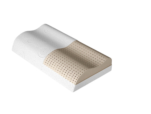 Poduszka ergonomiczna profilowana z lateksowym wypełnieniem, perforowaną strukturą i częściowo zdjętym białym pokrowcem.