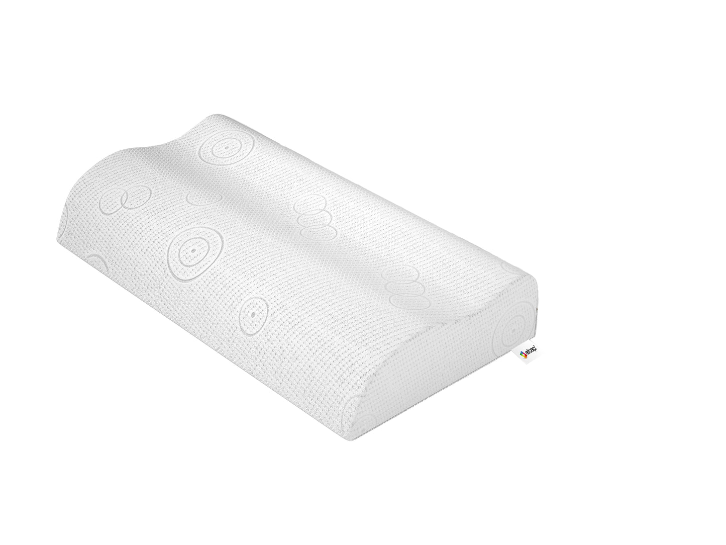 Poduszka ergonomiczna profilowana w białym pokrowcu z delikatnym wzorem, widok z góry na całość produktu.