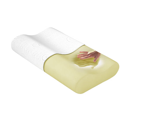 Poduszka ergonomiczna Visco z pianki termoelastycznej, częściowo odkryta, z dłonią prezentującą efekt pamięci kształtu.