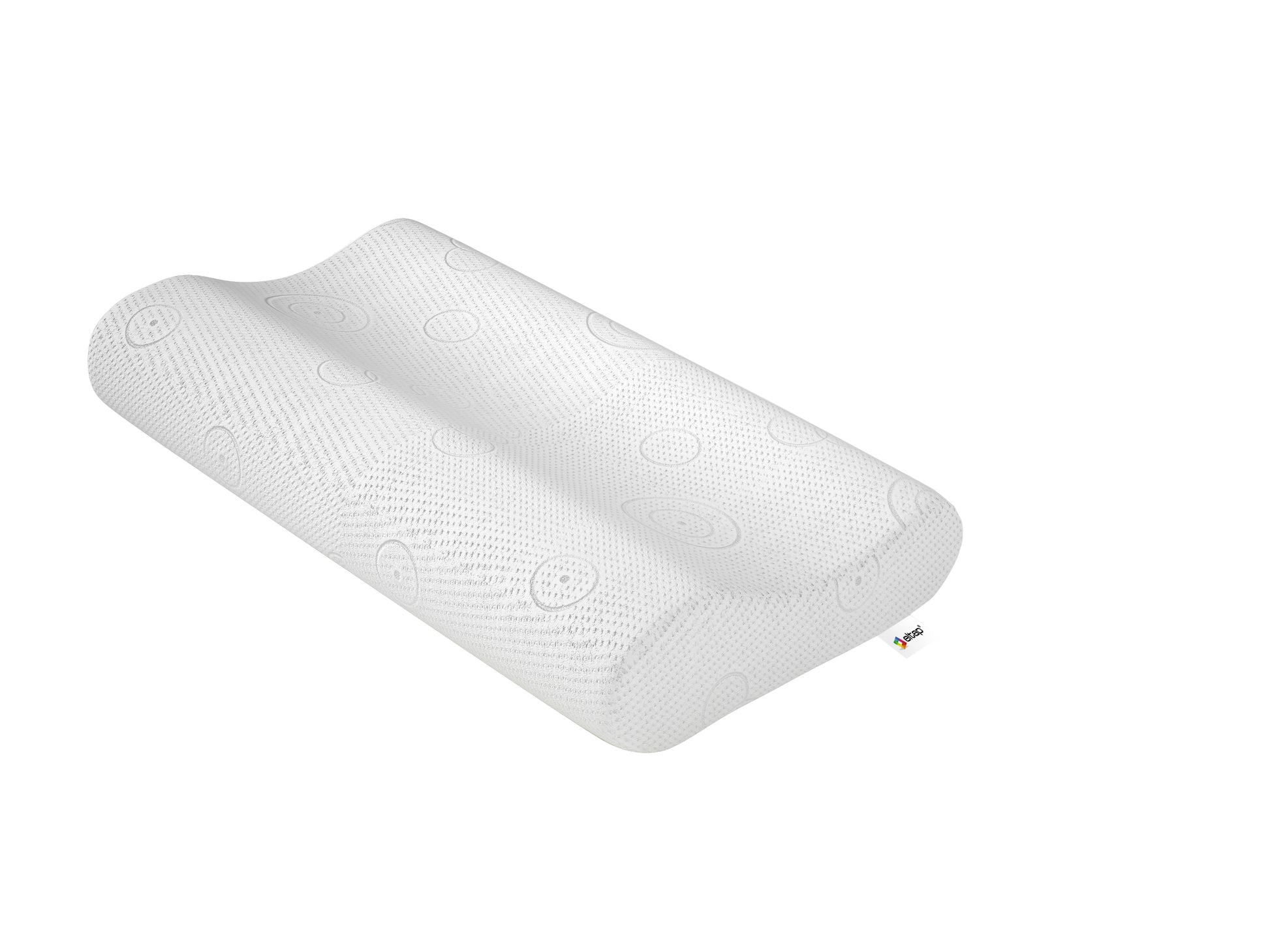 Poduszka ergonomiczna Visco w białym pokrowcu z delikatnym wzorem, widok z góry na całość produktu.