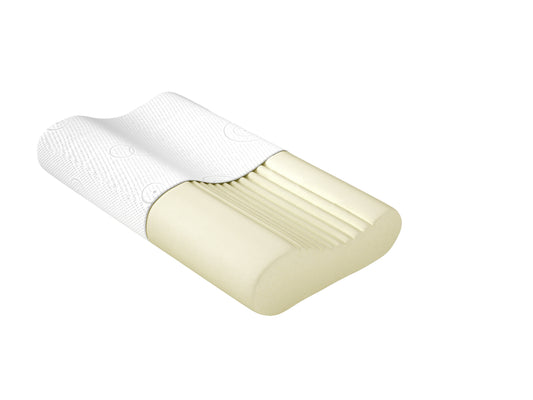 Poduszka ergonomiczna VP z pianki termoelastycznej, przekrój z widoczną strukturą wewnętrzną i częściowo zdjętym pokrowcem.