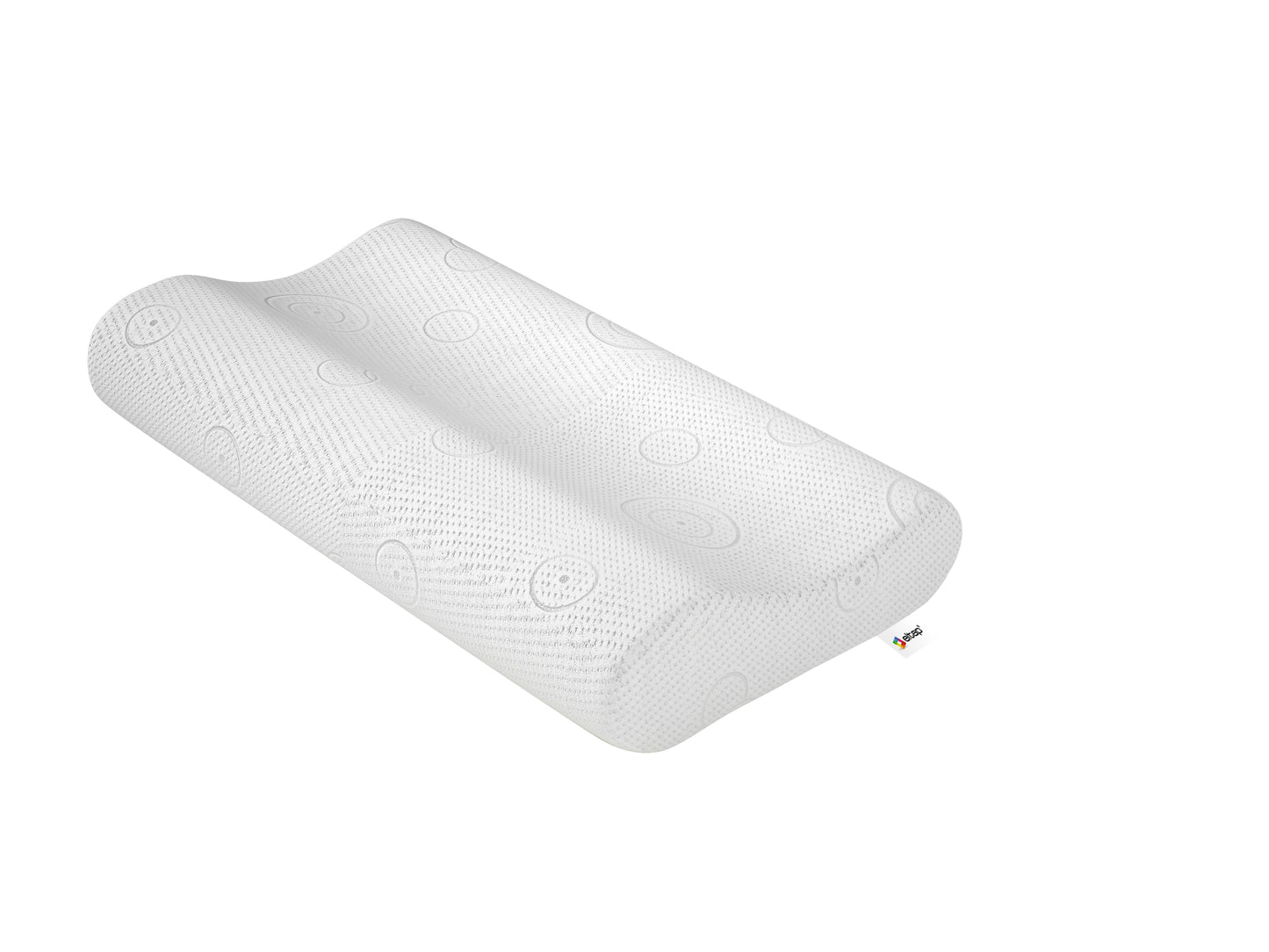 Poduszka ergonomiczna VP w białym pokrowcu z delikatnym wzorem, widok z góry na całość produktu.