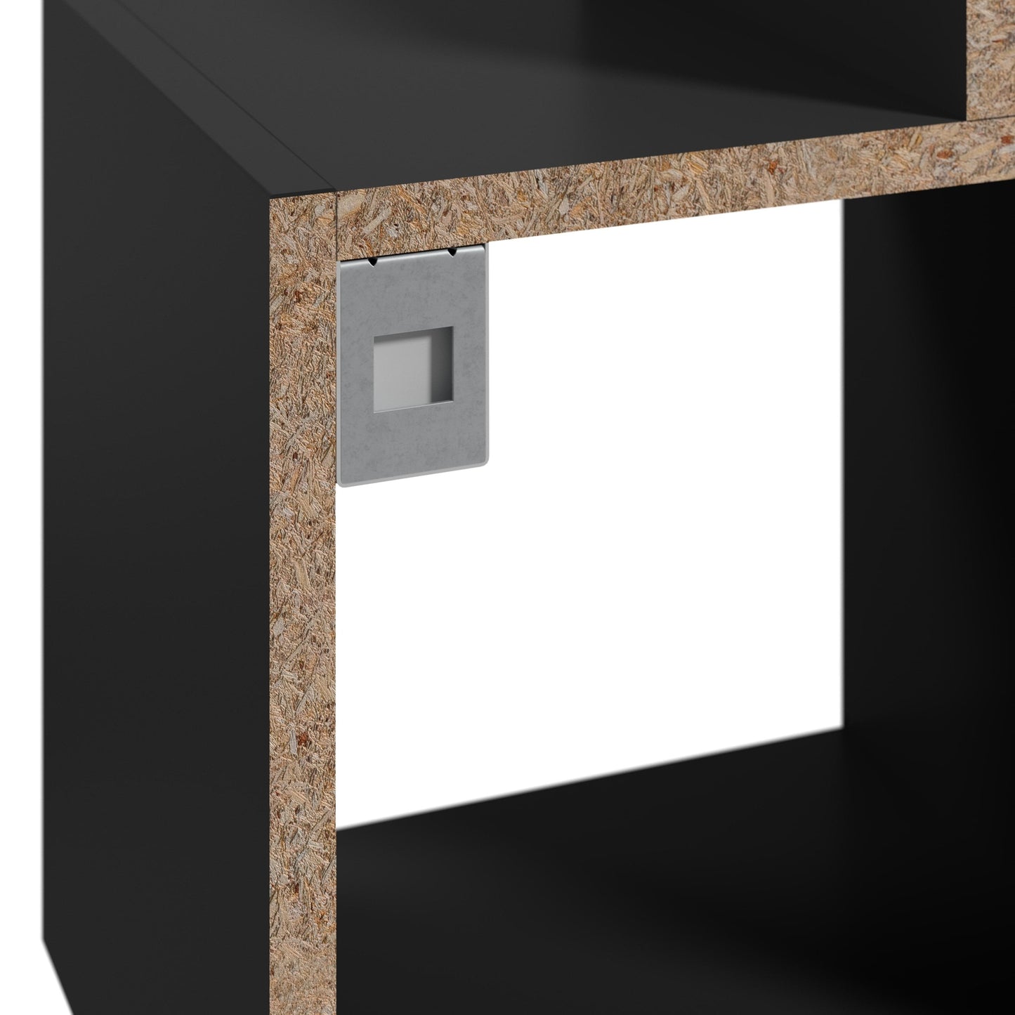 Zbliżenie na metalowy uchwyt montażowy i krawędź płyty OSB w czarnej półce ściennej ModulBox.