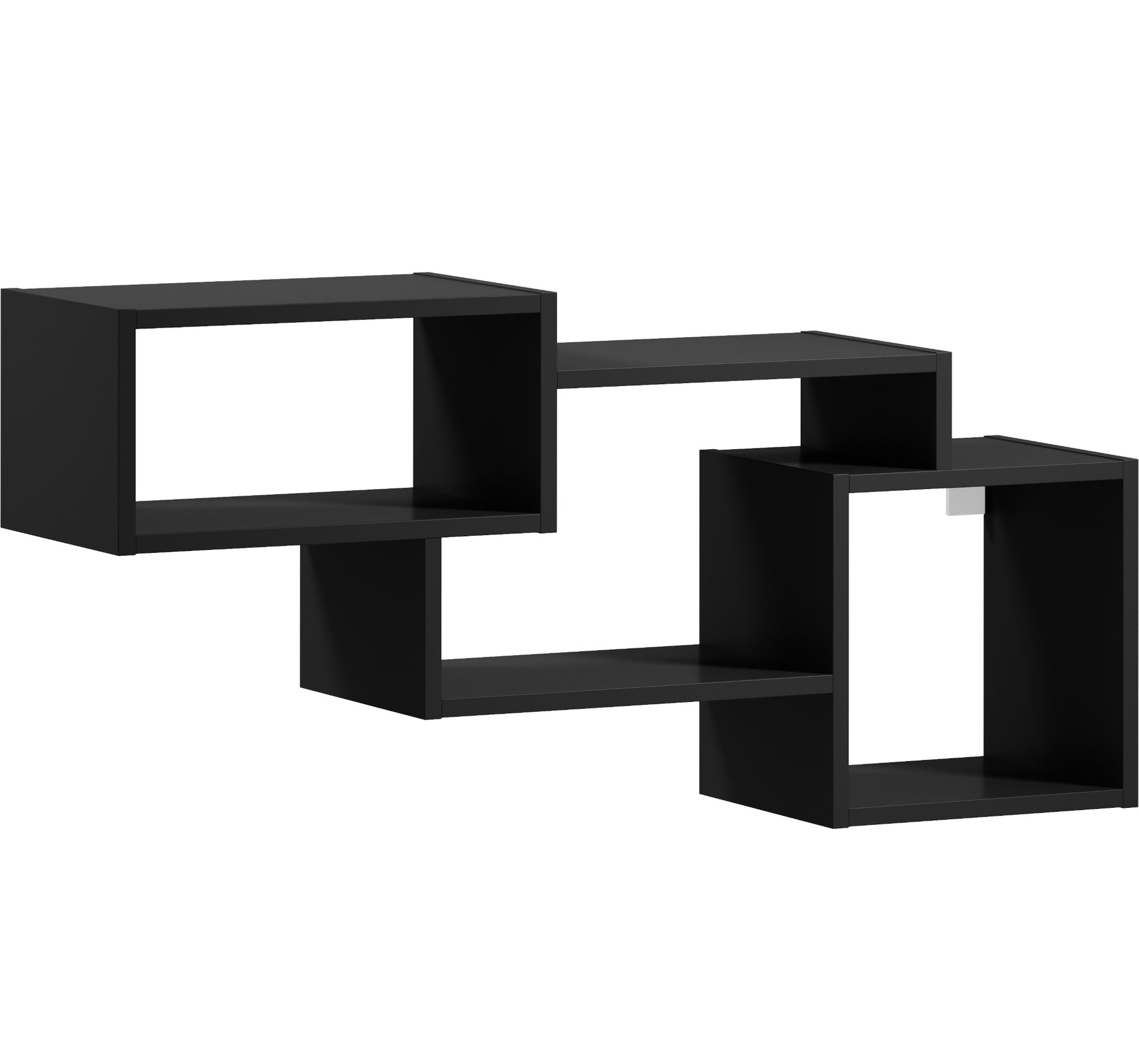 Półka Alitty czarna – widok z boku pokazujący sposób łączenia paneli i modulację głębokości półek, z metalowymi zaczepami montażowymi lekko widocznymi z tyłu.