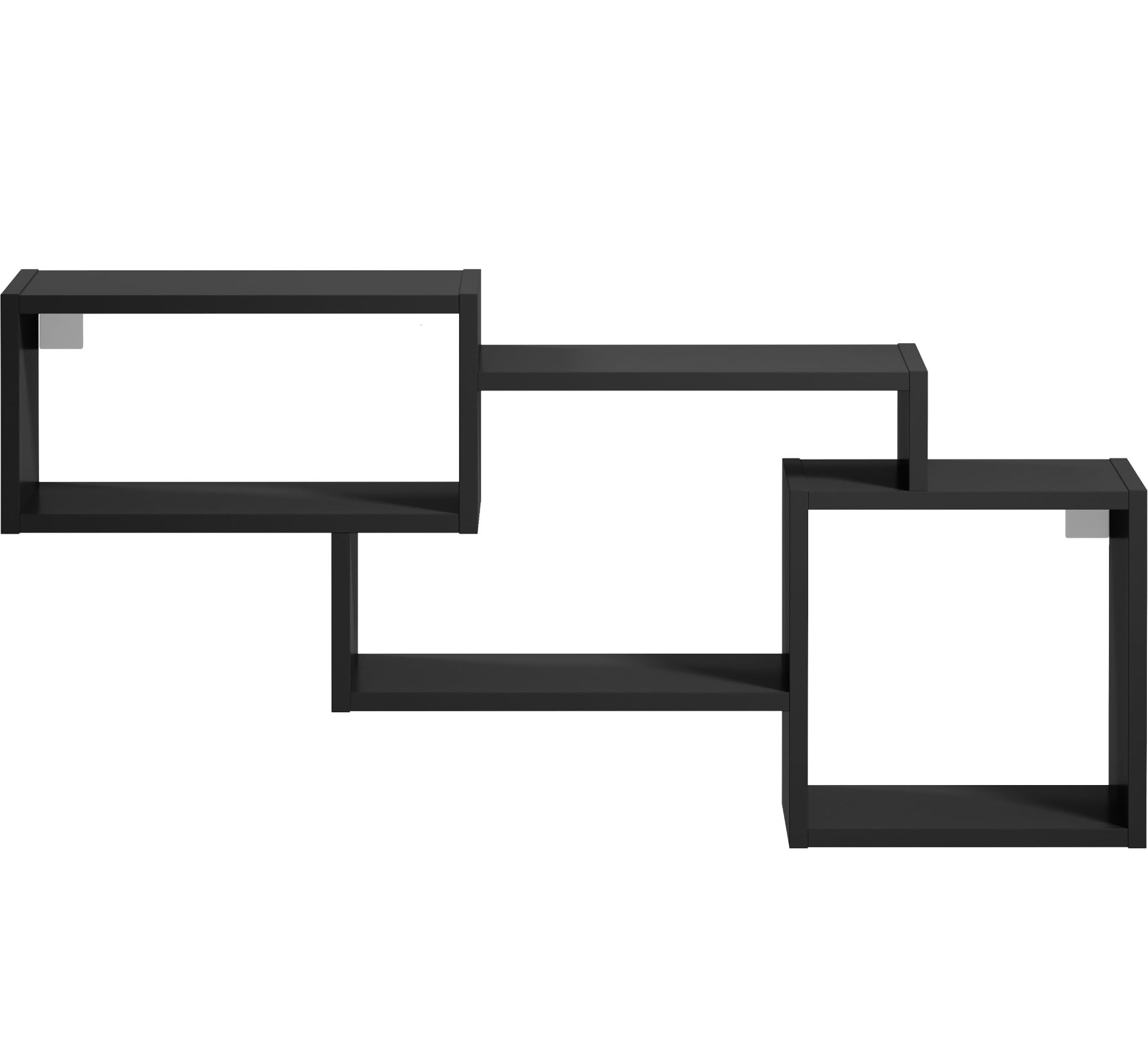 Półka Alitty w macie czarnym – trzy moduły tworzące zygzak (dwa ramowe i środkowa półka) pokazane frontalnie na białym tle, uwidaczniające gładkie krawędzie i głębokość wnęk.