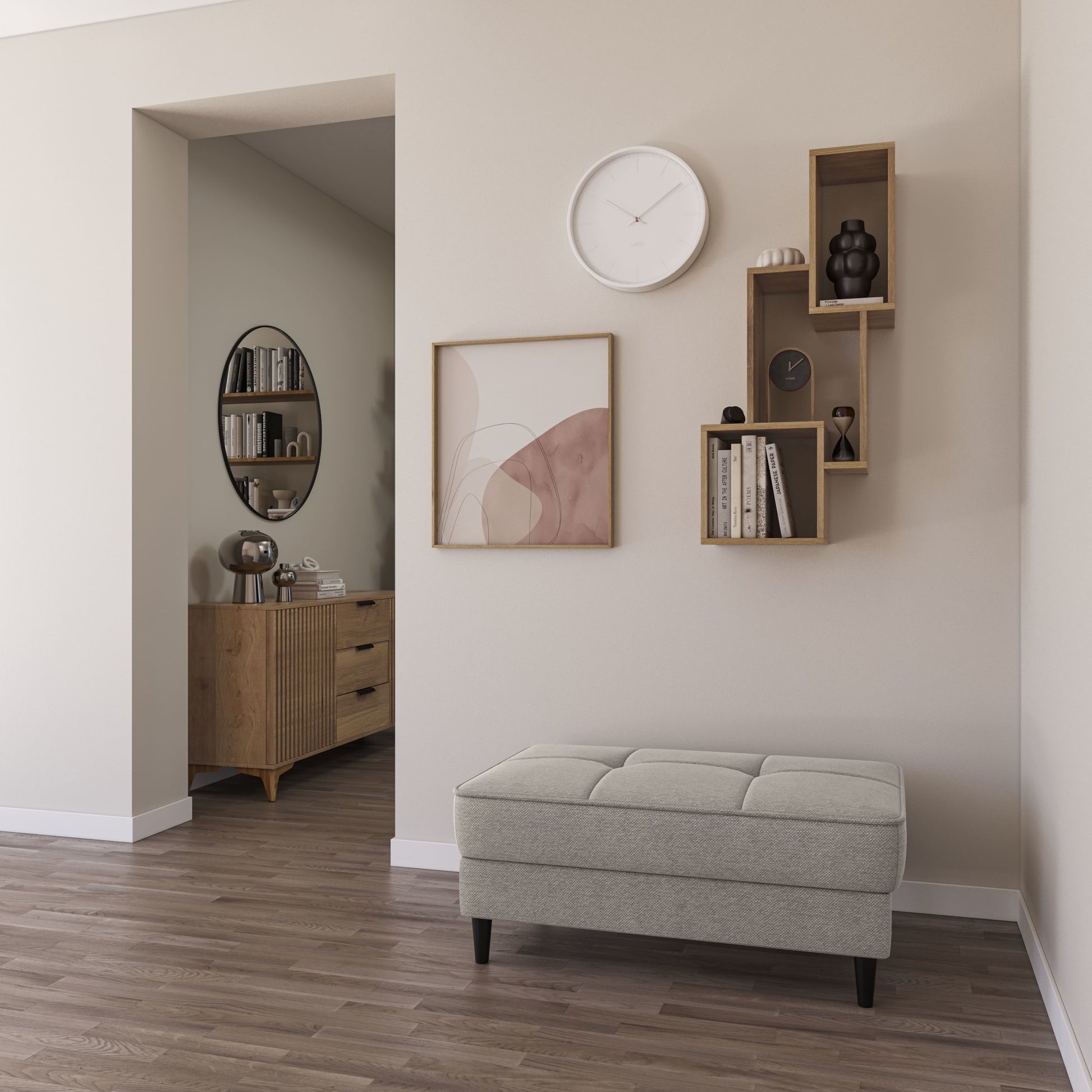 Półka Alitty dąb artisan uchwycona z prawego skraju, eksponująca łączenia płyt wiórowych pokrytych okleiną dębową i delikatny wzór słojów.