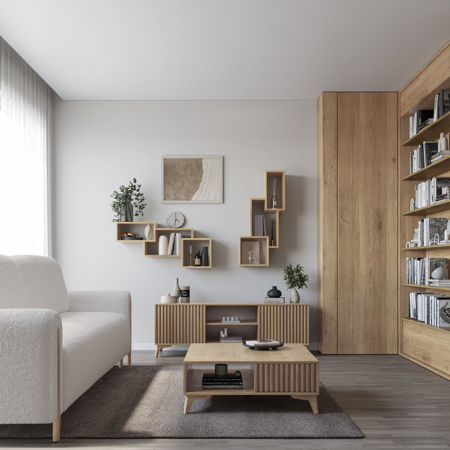Aranżacja przestronnego salonu z półką ścienną ModulBox w dekorze dąb artisan, stolikiem kawowym i komodą pod TV.