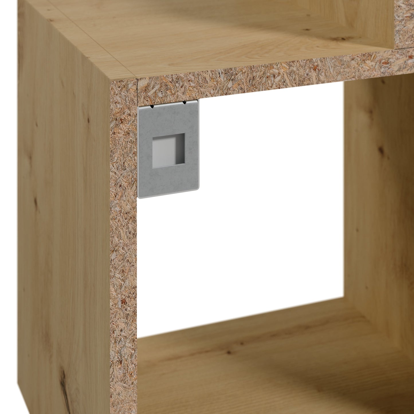 Fragment półki Alitty dąb artisan w aranżacji ściennej z zegarem typu „piasek” i minimalistyczną czarną rzeźbą, podkreślający strukturę drewna i dynamiczny kształt modułów.