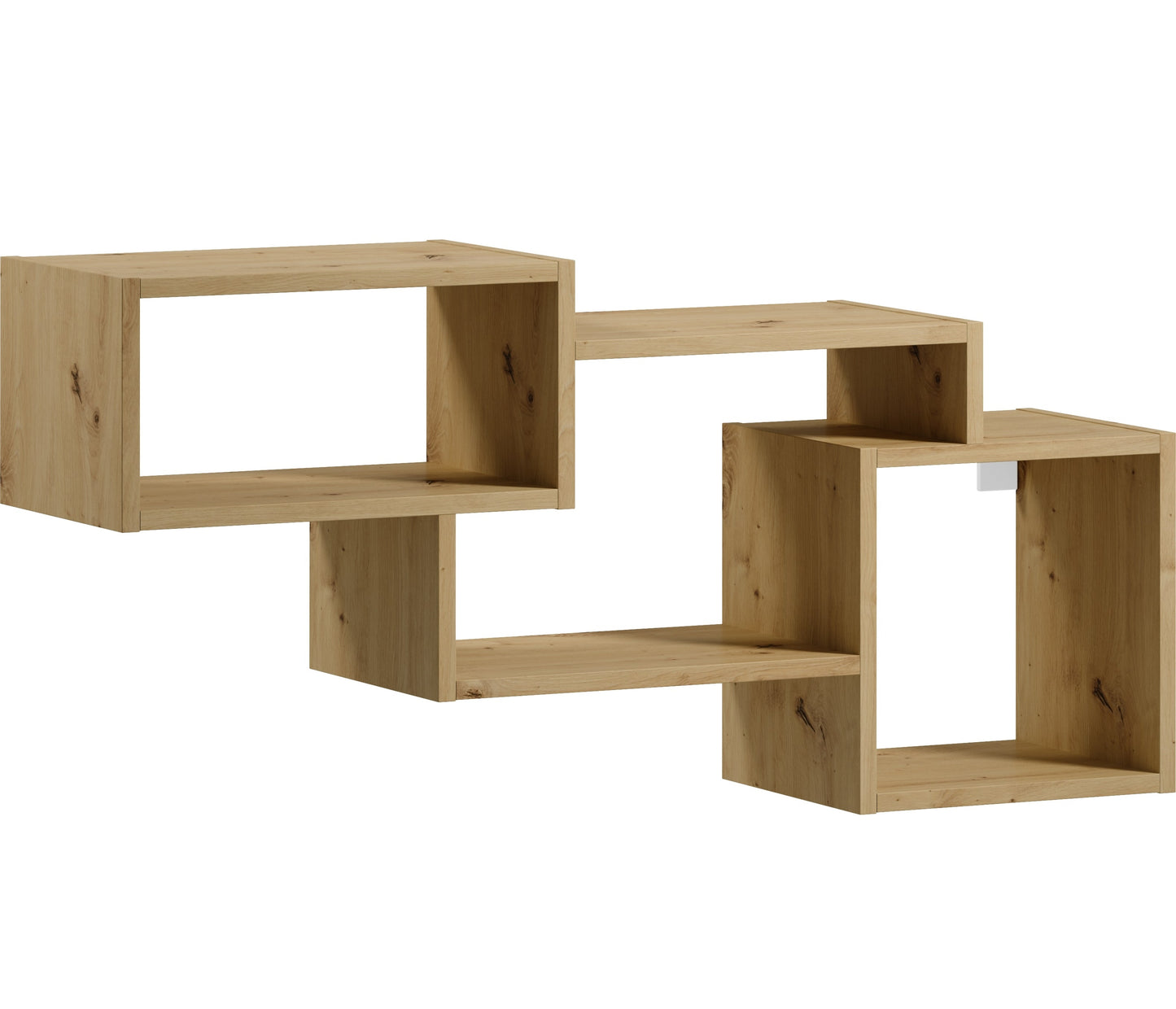 Moduły półki Alitty dąb artisan obrócone skosem na białym tle, ukazujące naturalne słoje drewna na górnych i dolnych krawędziach oraz głębokość wnęk.