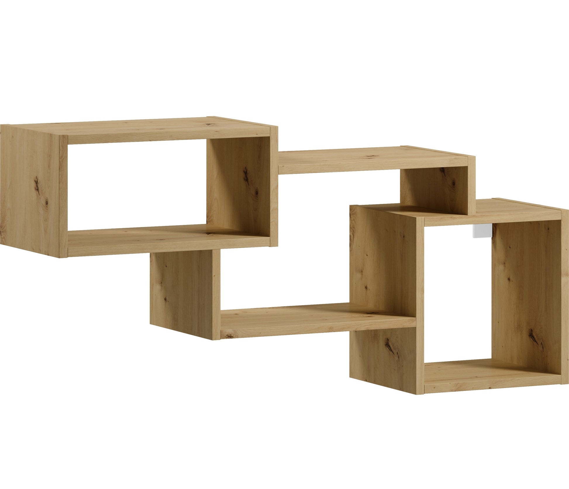 Moduły półki Alitty dąb artisan obrócone skosem na białym tle, ukazujące naturalne słoje drewna na górnych i dolnych krawędziach oraz głębokość wnęk.