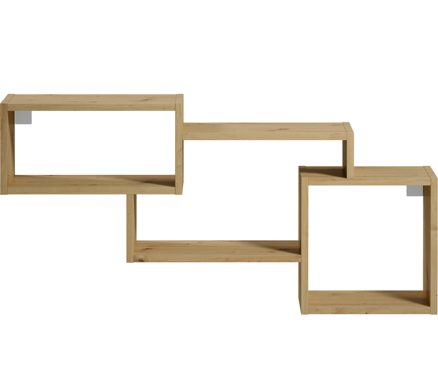 Otwarte moduły półki Alitty w wykończeniu dąb artisan ułożone w nieregularnym układzie trzech prostopadłościennych ram na białym tle, eksponujące ciekawe połączenia poziomych i pionowych płaszczyzn.