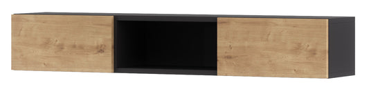 Wisząca półka ścienna Lanzzi czarny mat/Dąb artisan z dwoma pełnymi frontami i otwartą, centralną wnęką.