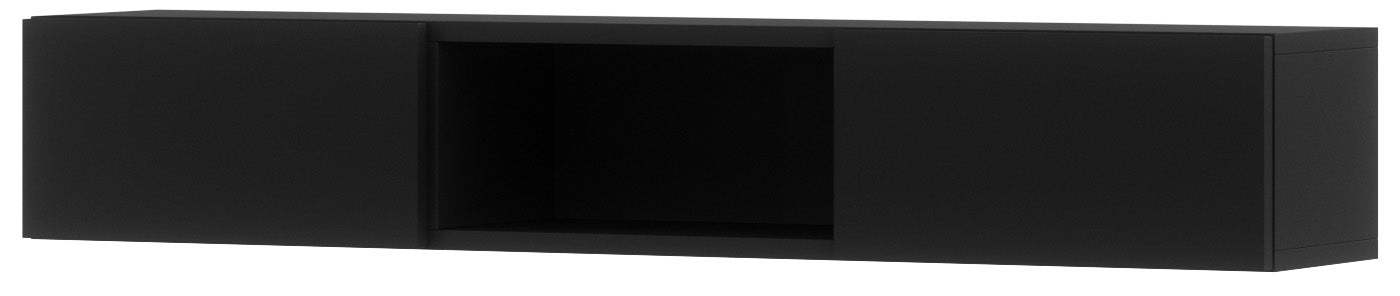 Wisząca półka Lanzzi czarny mat z dwoma zamykanymi schowkami po bokach i otwartą wnęką w środku.