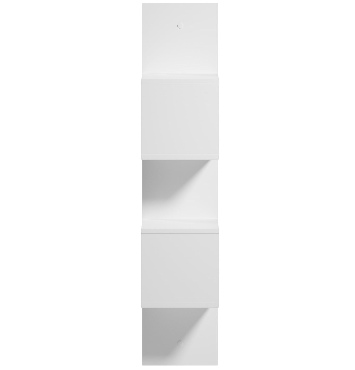 Biała pionowa półka Sunpedo z czterema przesuniętymi, kwadratowymi modułami na białym tle.