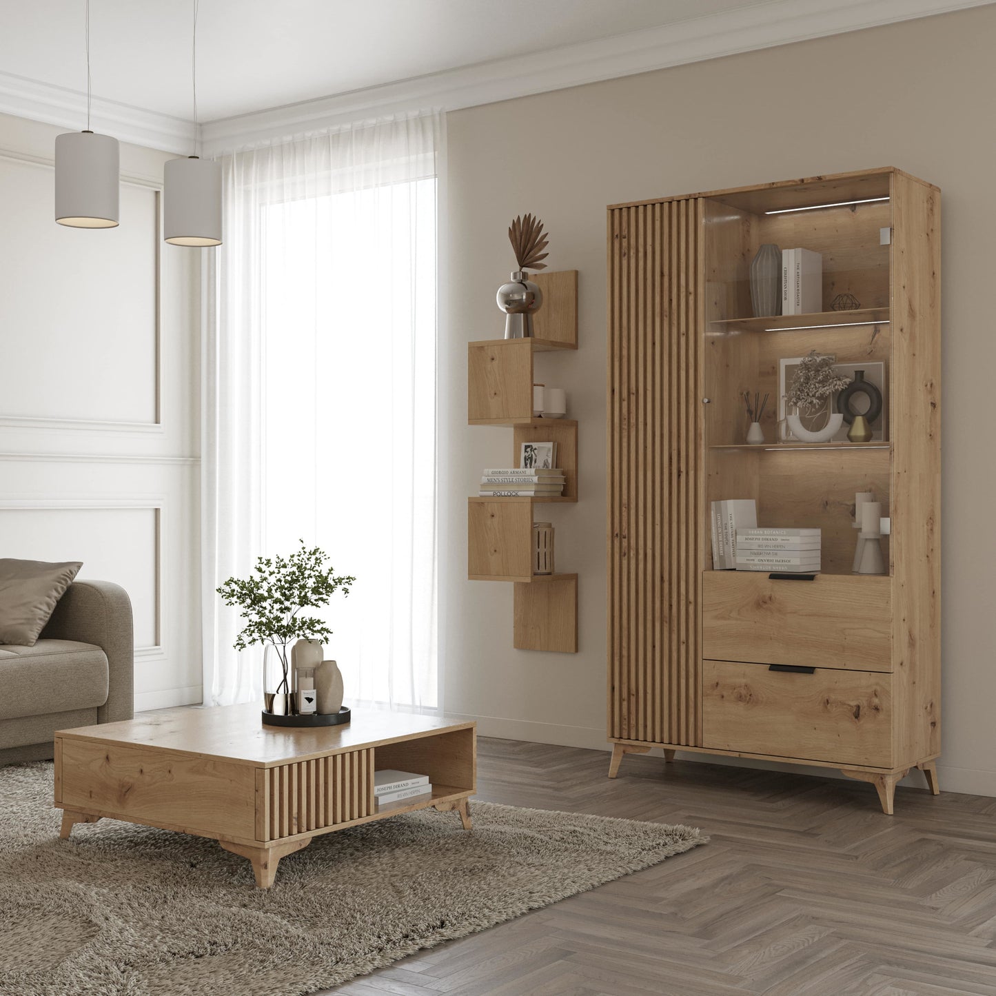 Elegancki salon z drewnianą komodą i stolikiem kawowym, przy którym na ścianie zamontowano półkę Sunpedo w kolorze dąb artisan.