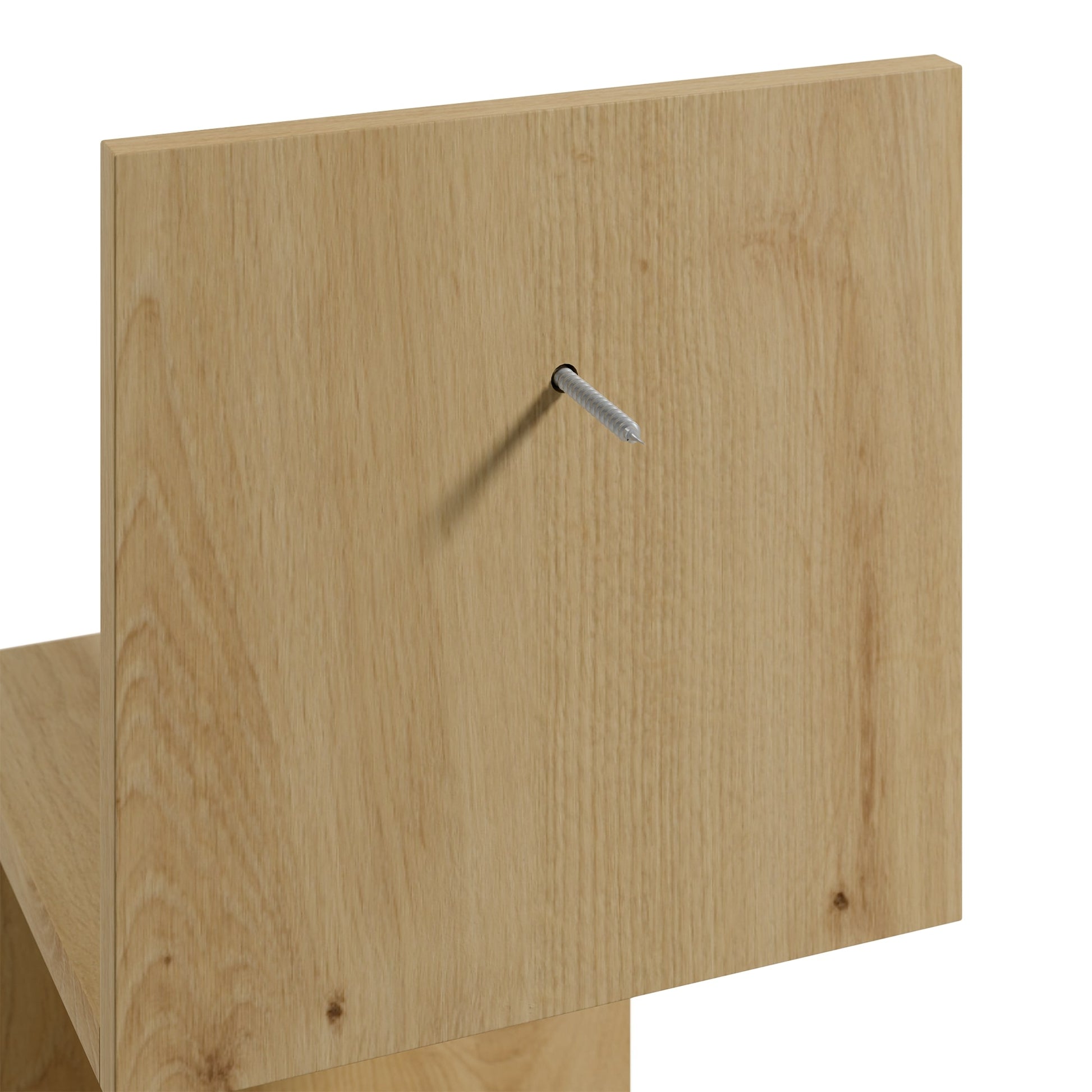 Zbliżenie górnego panelu montażowego półki Sunpedo w kolorze dąb artisan z widocznym metalowym wkrętem na jednolitym tle.