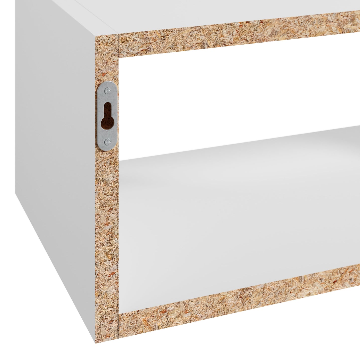 Detal tylnej ścianki białej półki Vellia z widocznym otworem montażowym i surową krawędzią płyty wiórowej.