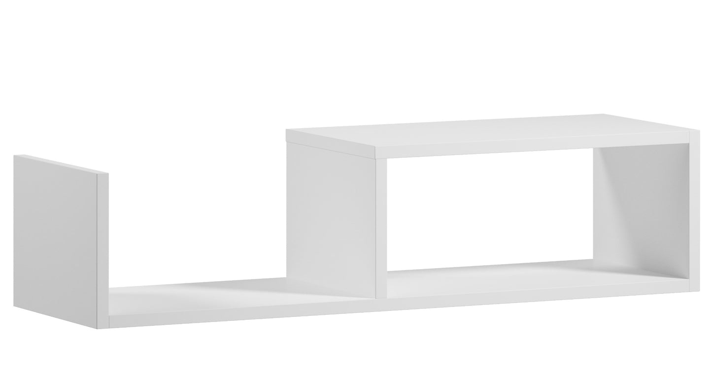 Perspektywa 3/4 białej półki Vellia na neutralnym tle, eksponująca jej prostokątny, otwarty profil.