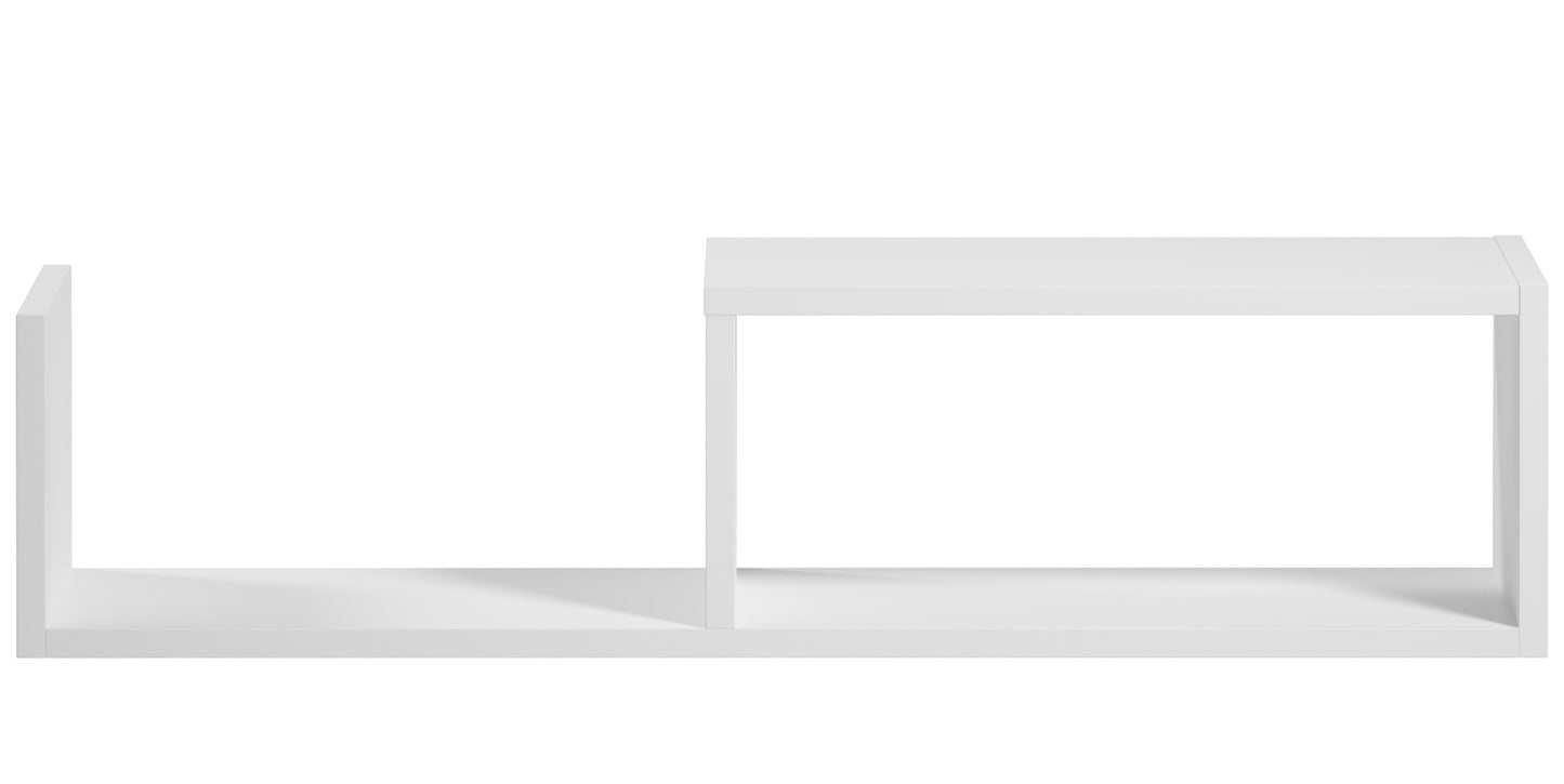 Minimalistyczna biała półka Vellia z otwartym, dwusegmentowym układem na białym tle.