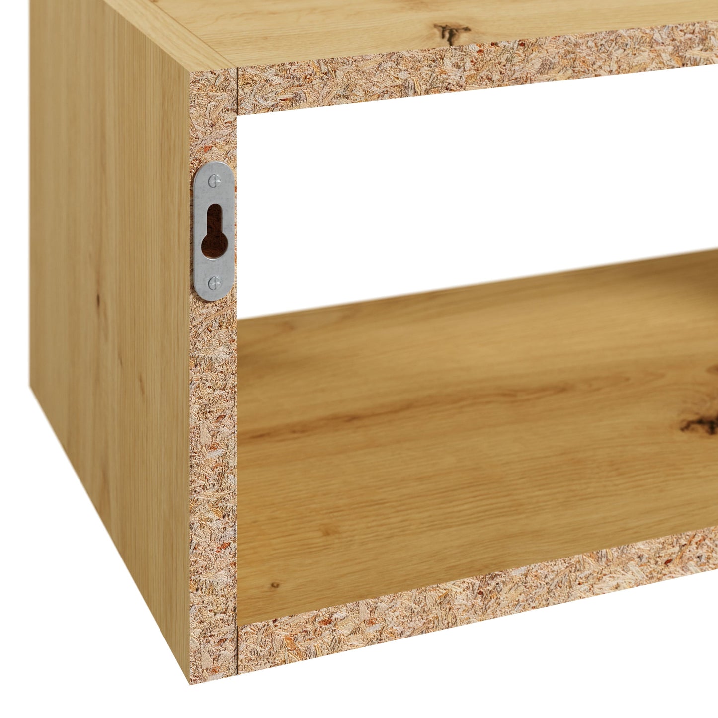 Detal tylnej ścianki półki Vellia dąb artisan z widocznym otworem montażowym i surową krawędzią płyty wiórowej.