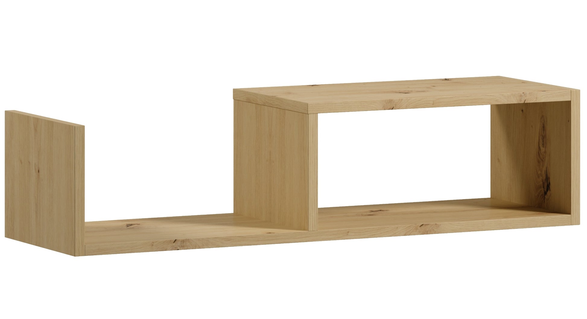 Czterechsegmentowa półka Vellia dąb artisan widziana pod kątem na neutralnym tle, podkreślająca matową fakturę drewna i prostokątny profil.