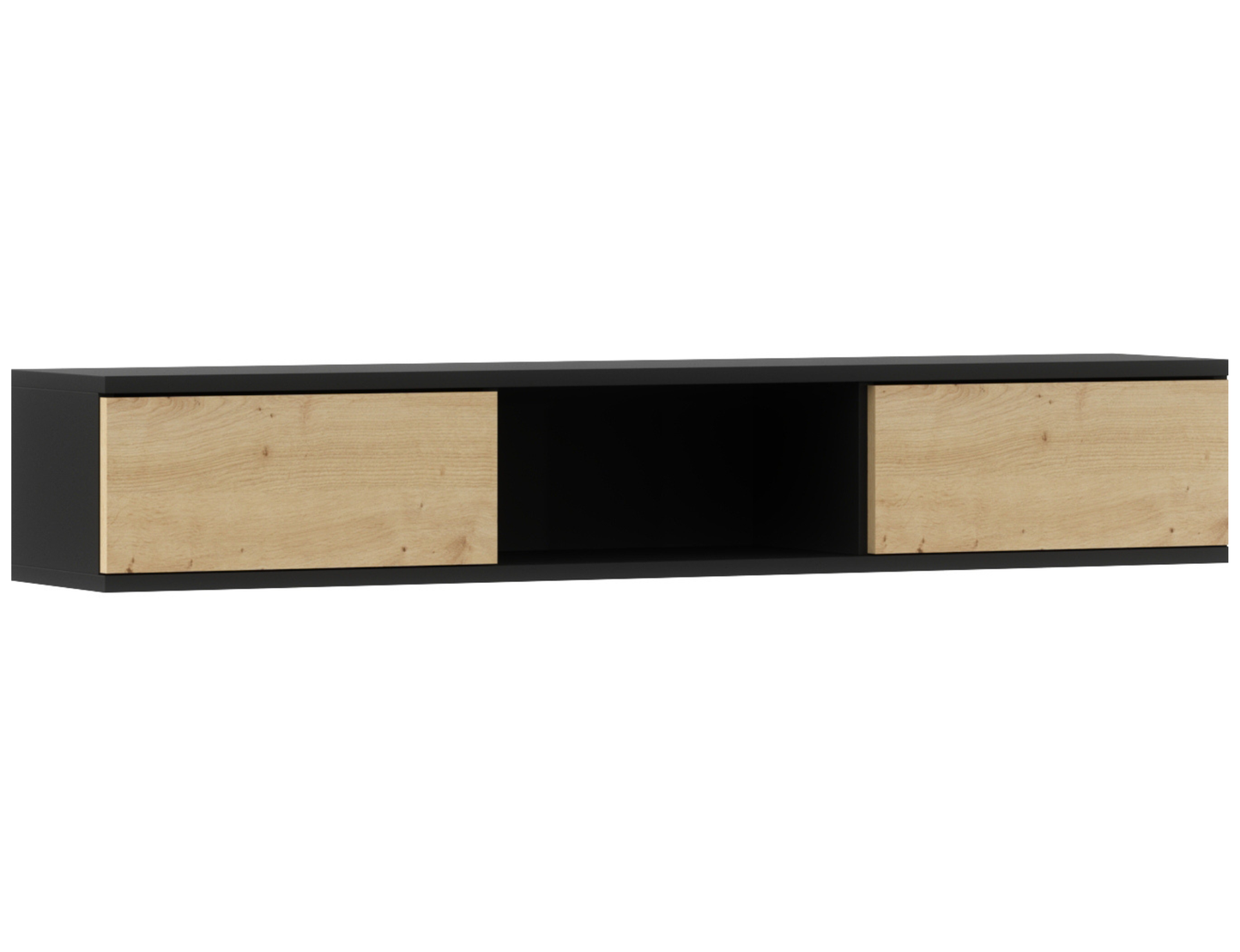 Półka wisząca Lanzzi czarny mat / dąb artisan – widok pod kątem (skos), minimalistyczna forma i dekor drewna.